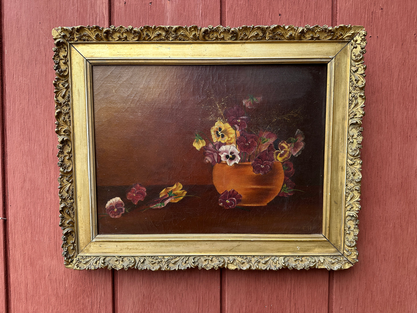Late 19th C. Oil on Canvas Pansy Painting, Signed