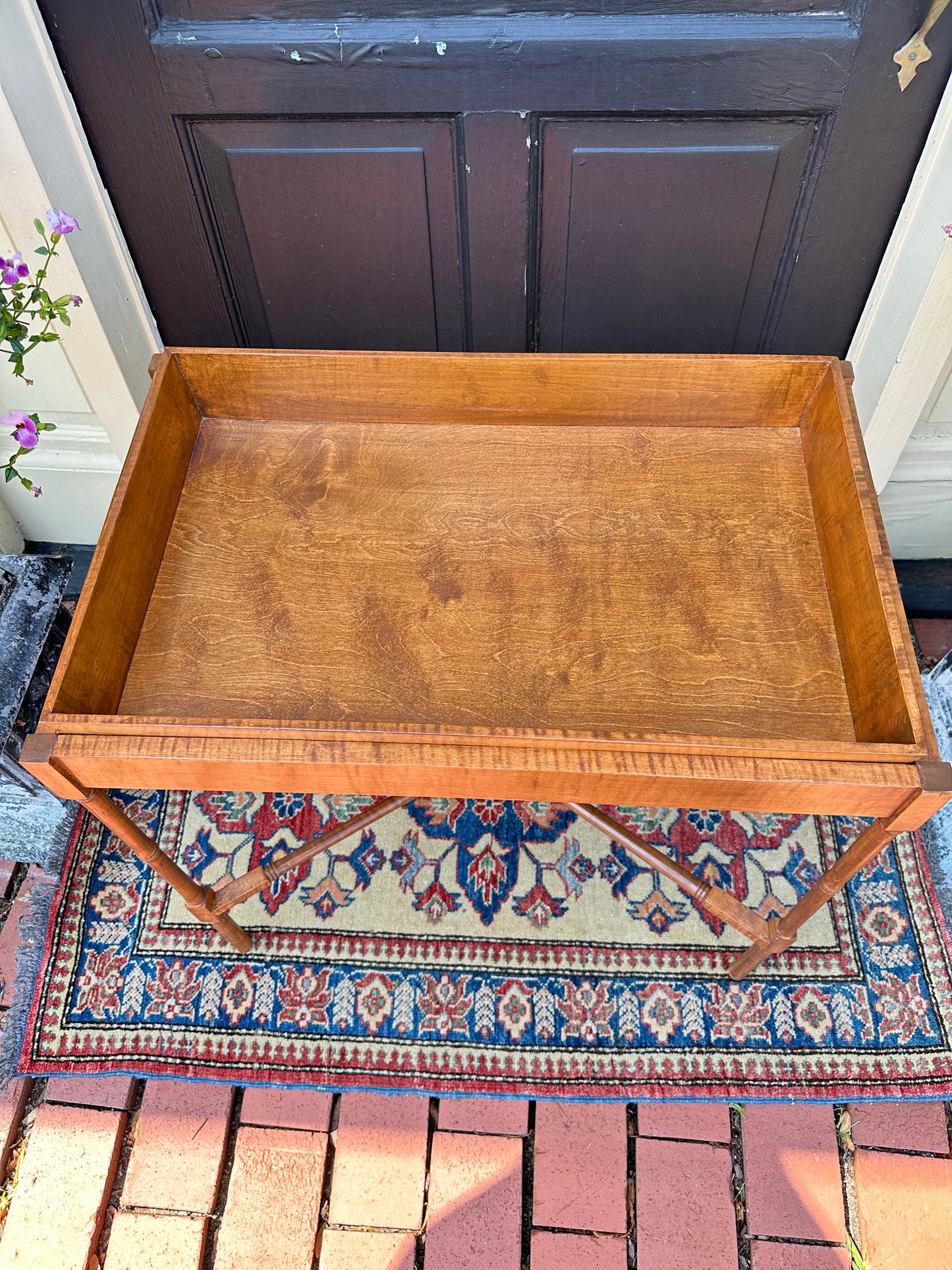 Tiger Maple Tray Top Table With Stretcher Base