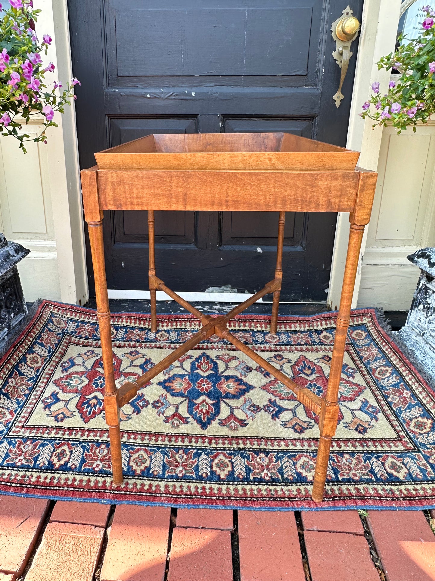 Tiger Maple Tray Top Table With Stretcher Base