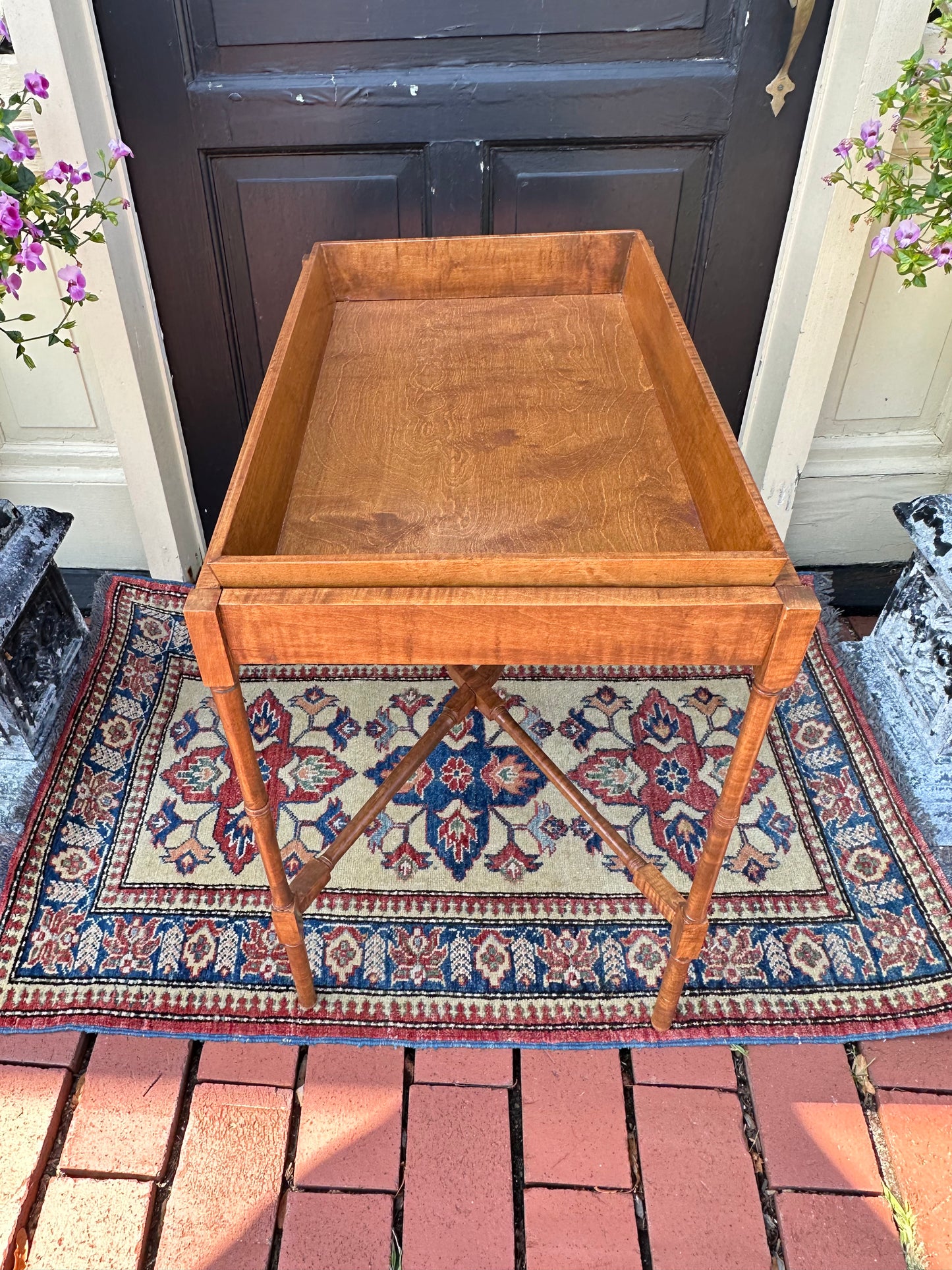 Tiger Maple Tray Top Table With Stretcher Base