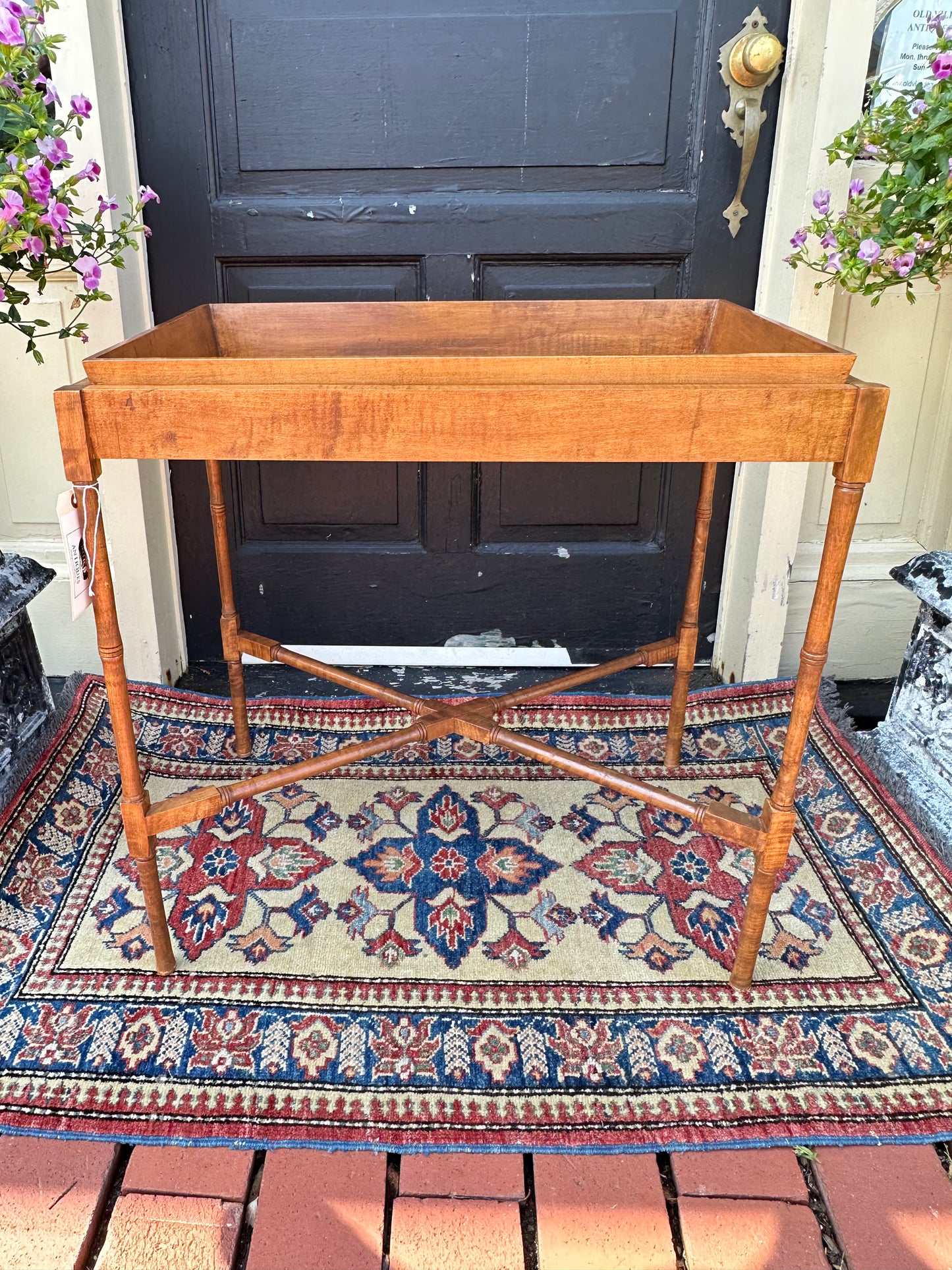 Tiger Maple Tray Top Table With Stretcher Base