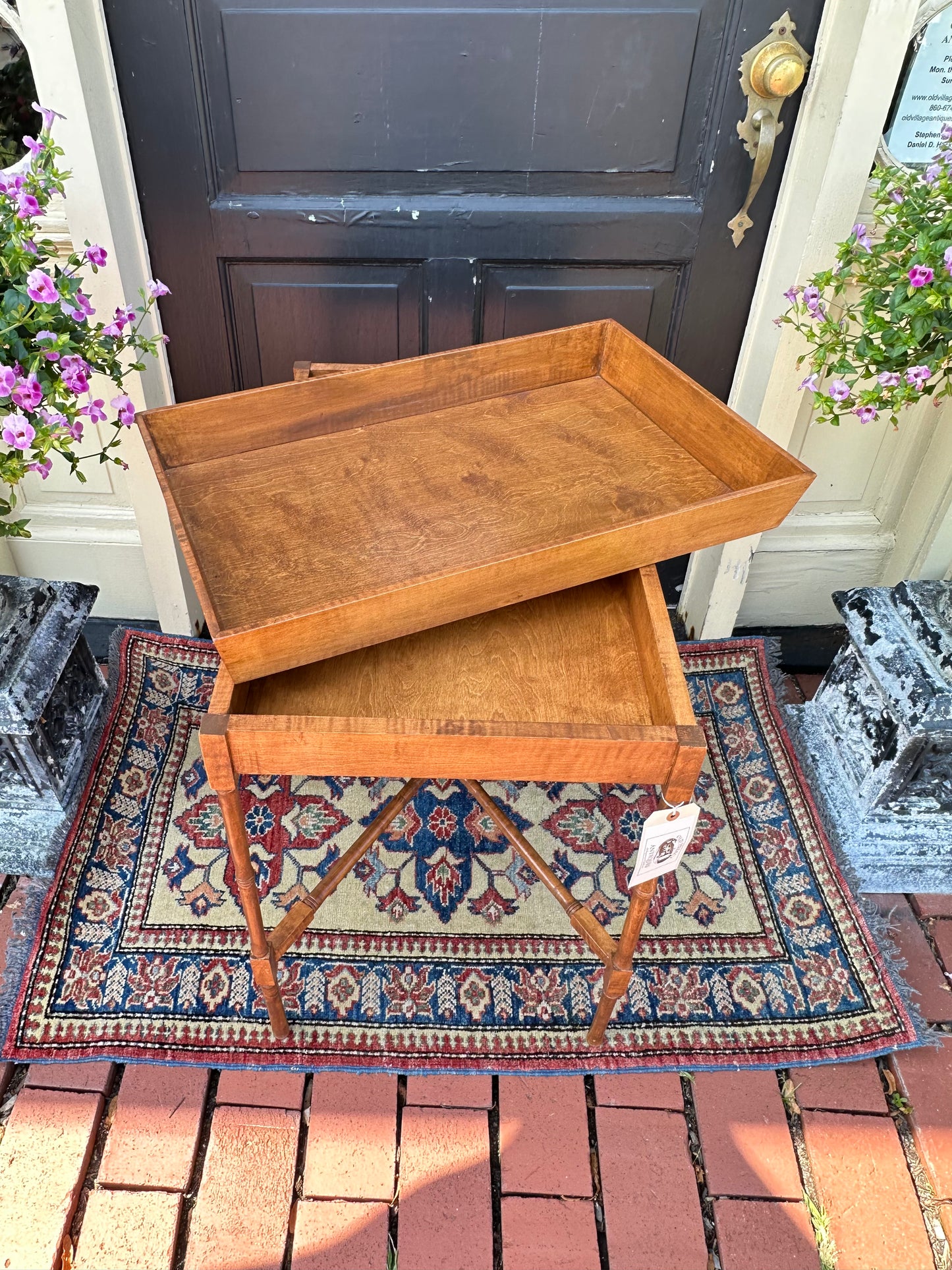 Tiger Maple Tray Top Table With Stretcher Base