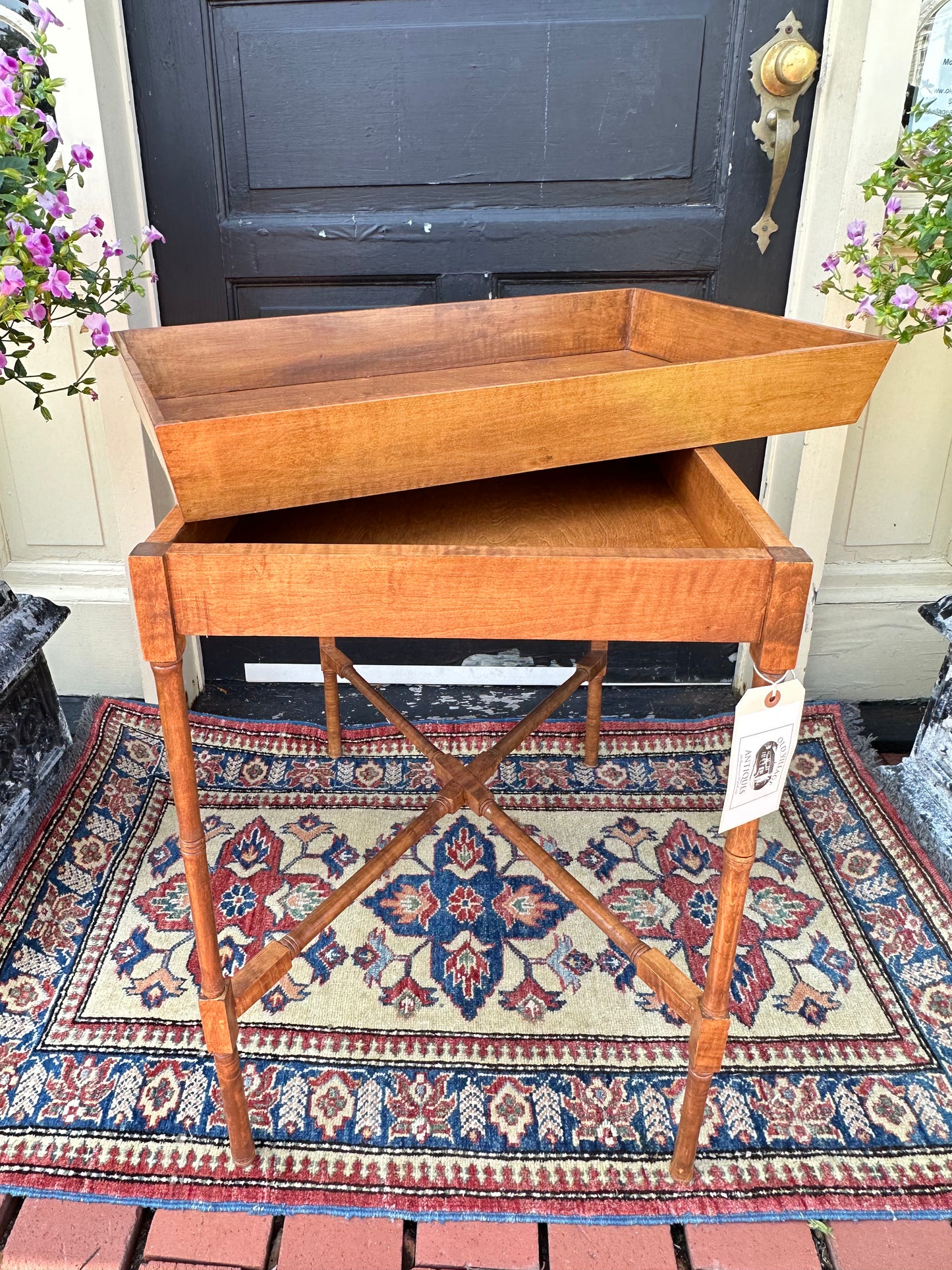 Tiger Maple Tray Top Table With Stretcher Base
