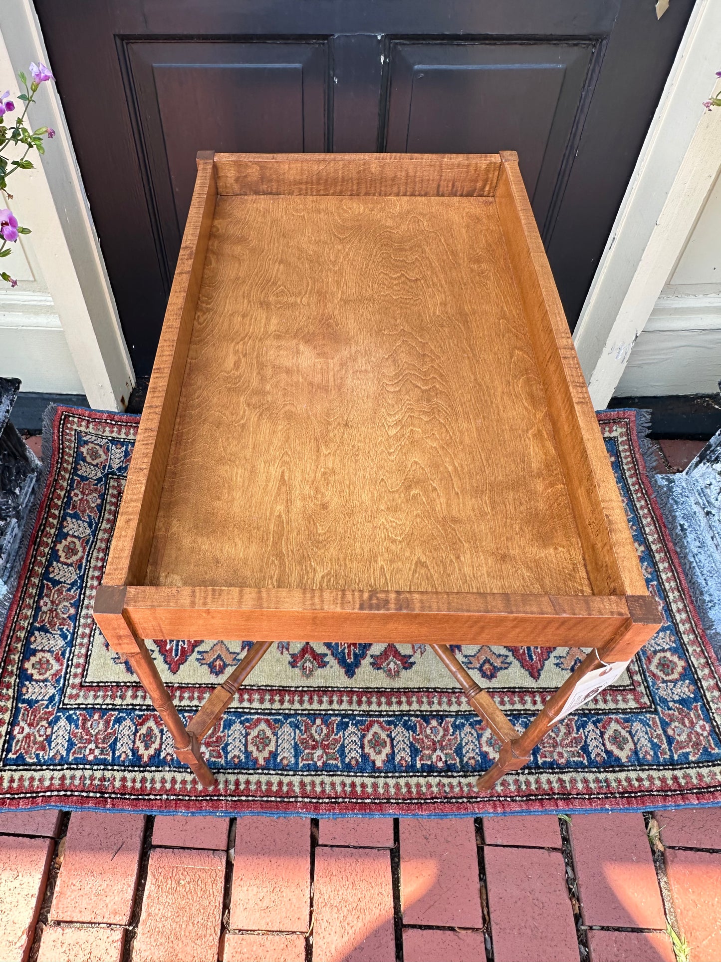 Tiger Maple Tray Top Table With Stretcher Base