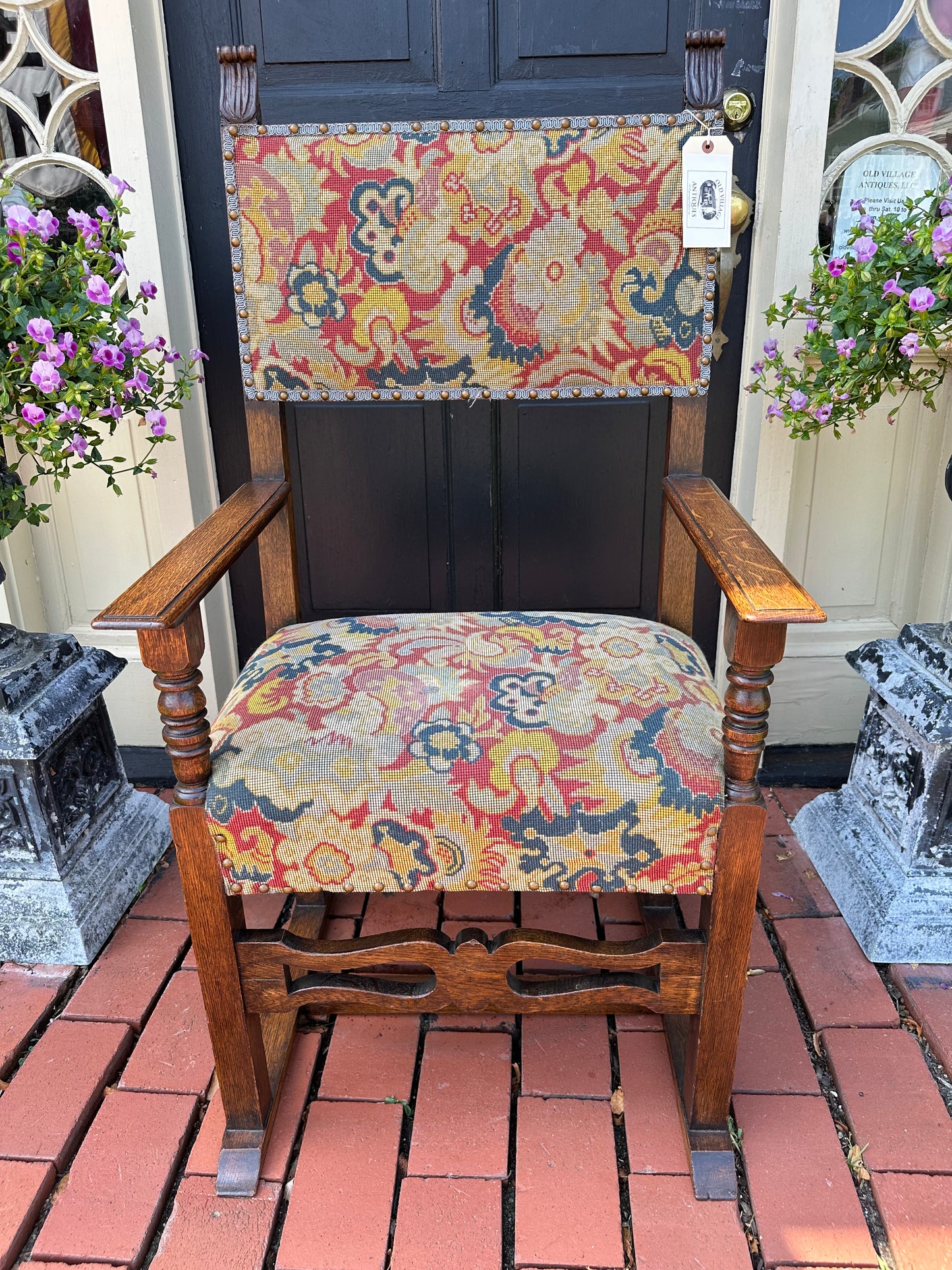 19th Century English Style Oak Arm Chair with Needlepoint Seat +Back