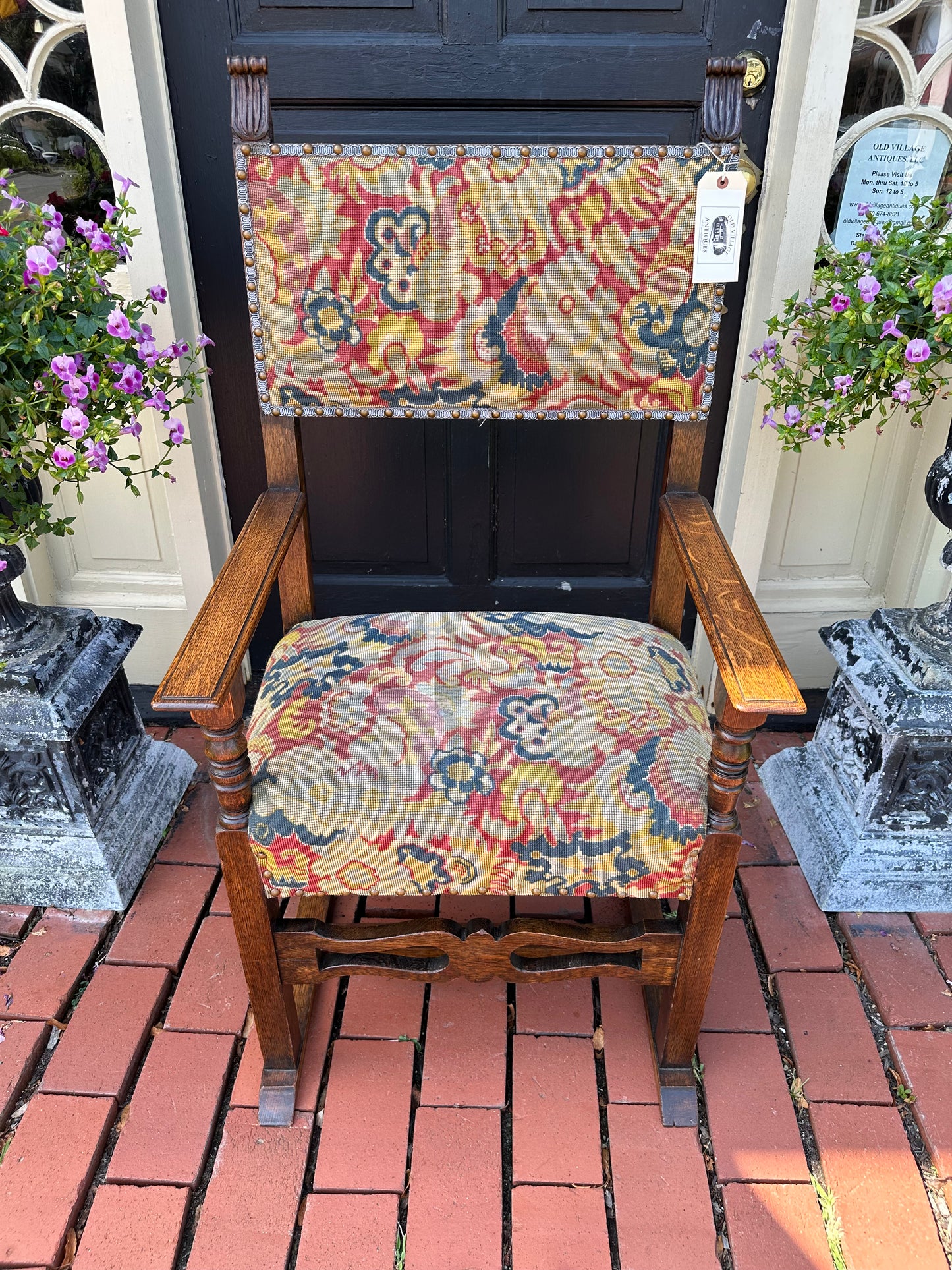 19th Century English Style Oak Arm Chair with Needlepoint Seat +Back