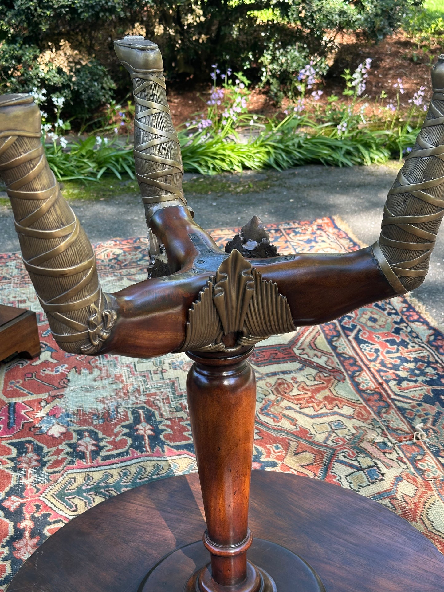 Theodore Alexander Walnut Circular “Isle of Man” Table on Tripod Base.