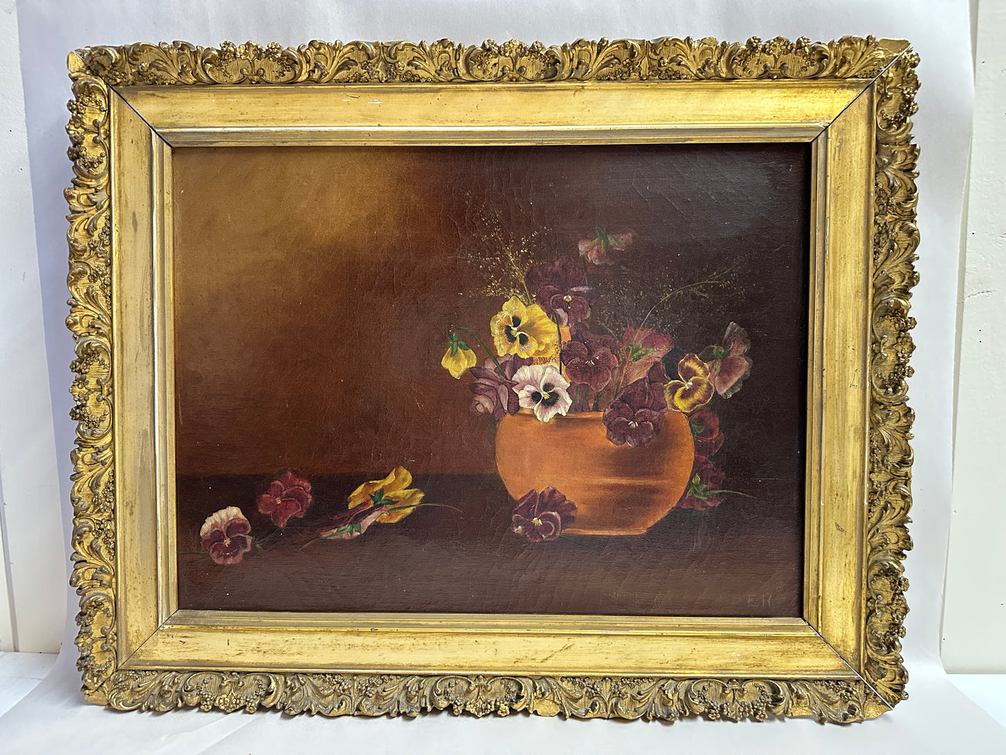 Late 19th C. Oil on Canvas Pansy Painting, Signed