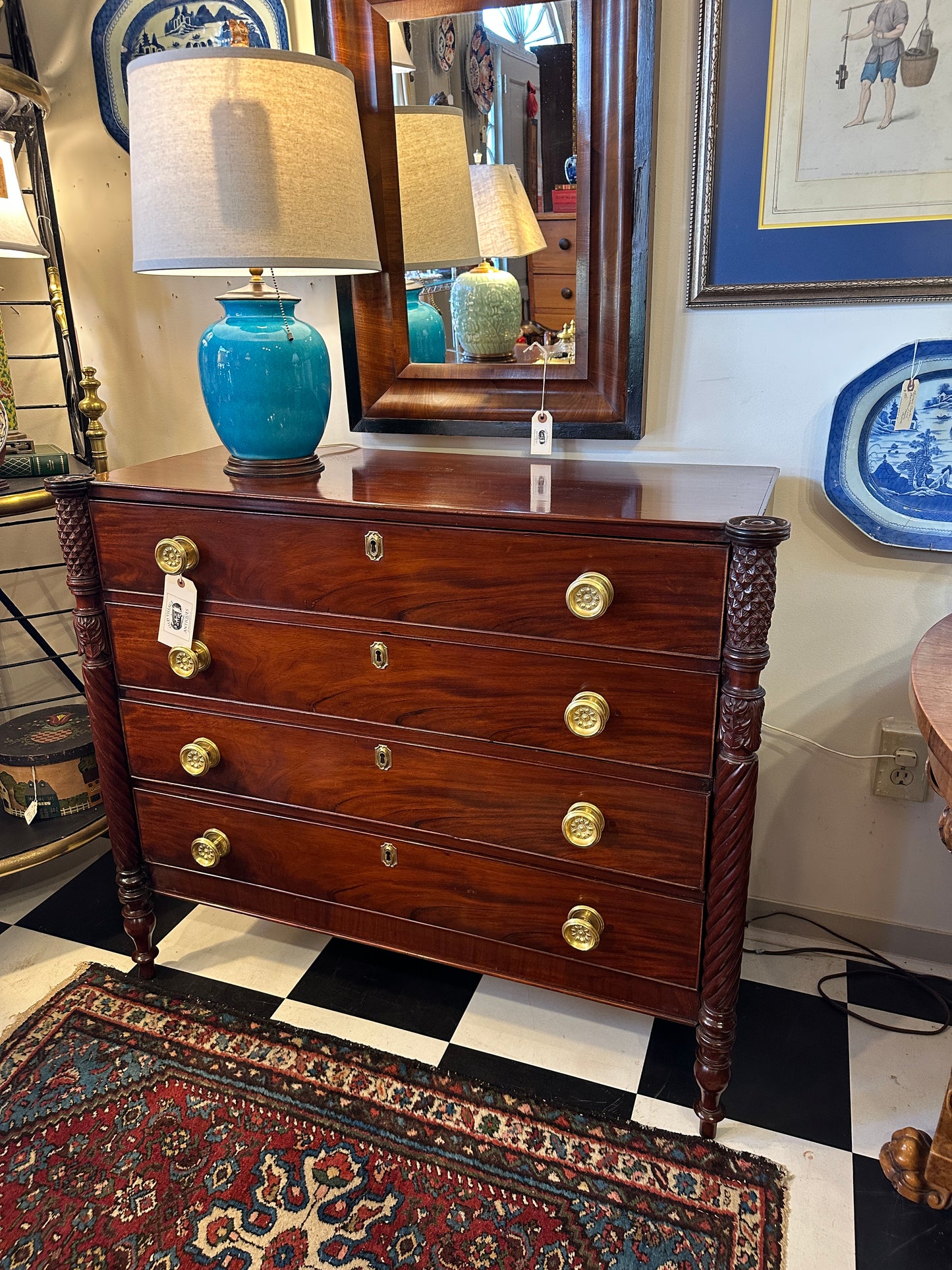 American Federal Chest Constructed of Mahogany with Carved Acanthus Columns and Cookie Corners c./1815. (Pickup Only)