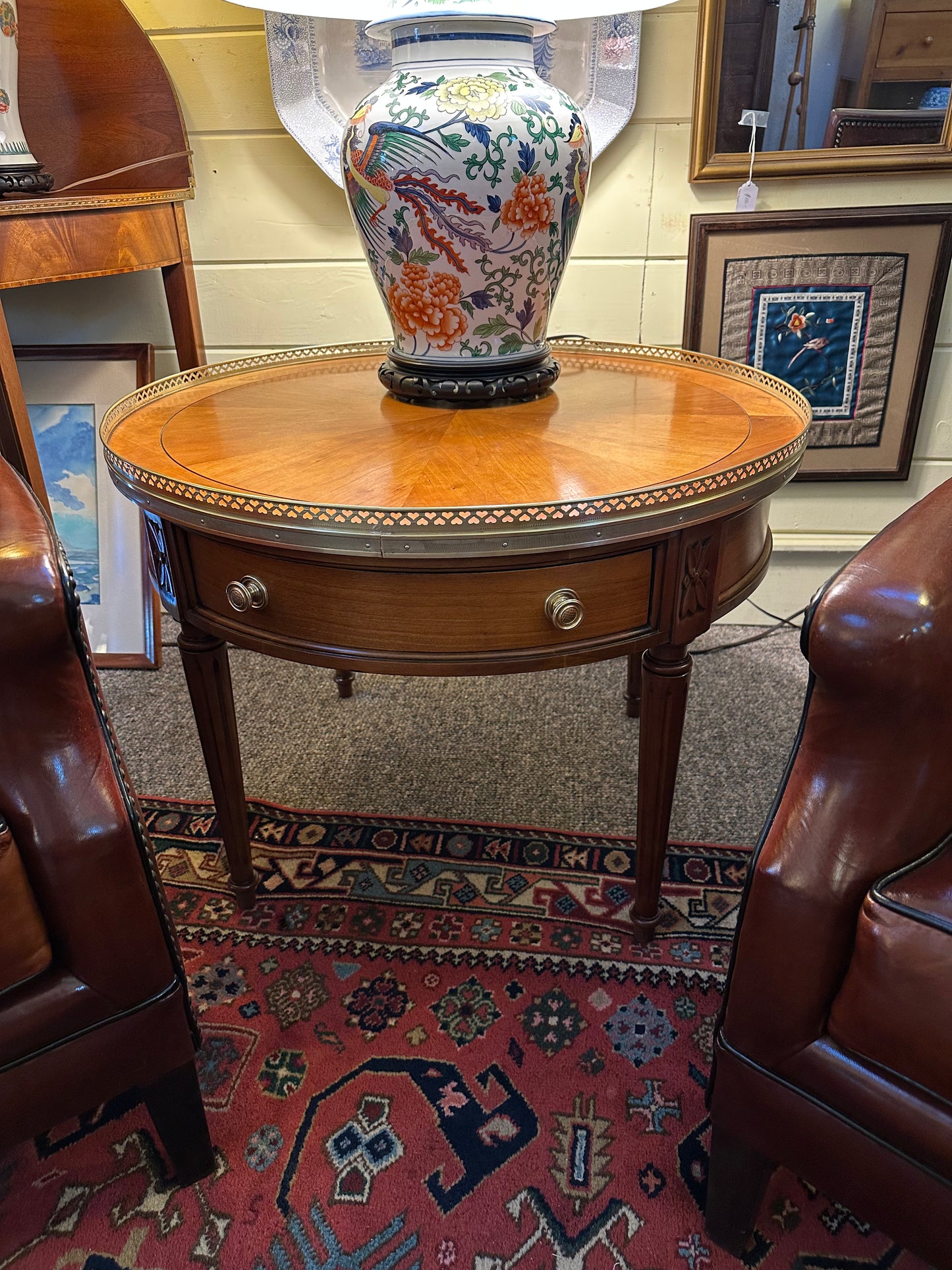French Style Round One Drawer Side Table on Reeded Legs