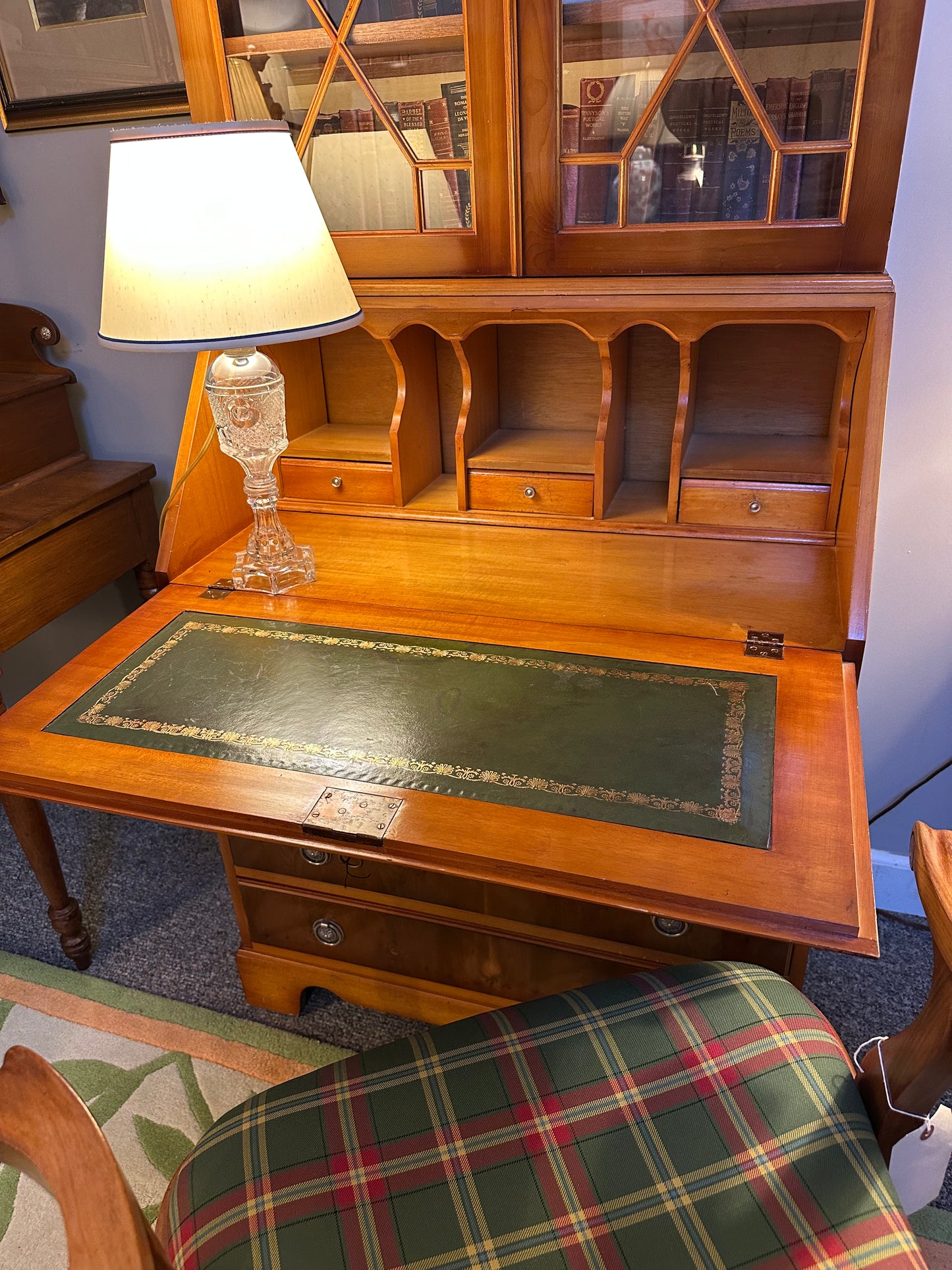 English Yew Wood Two Part Secretary Desk with Hand Tooled And Stenciled Green Leather Writing Surface