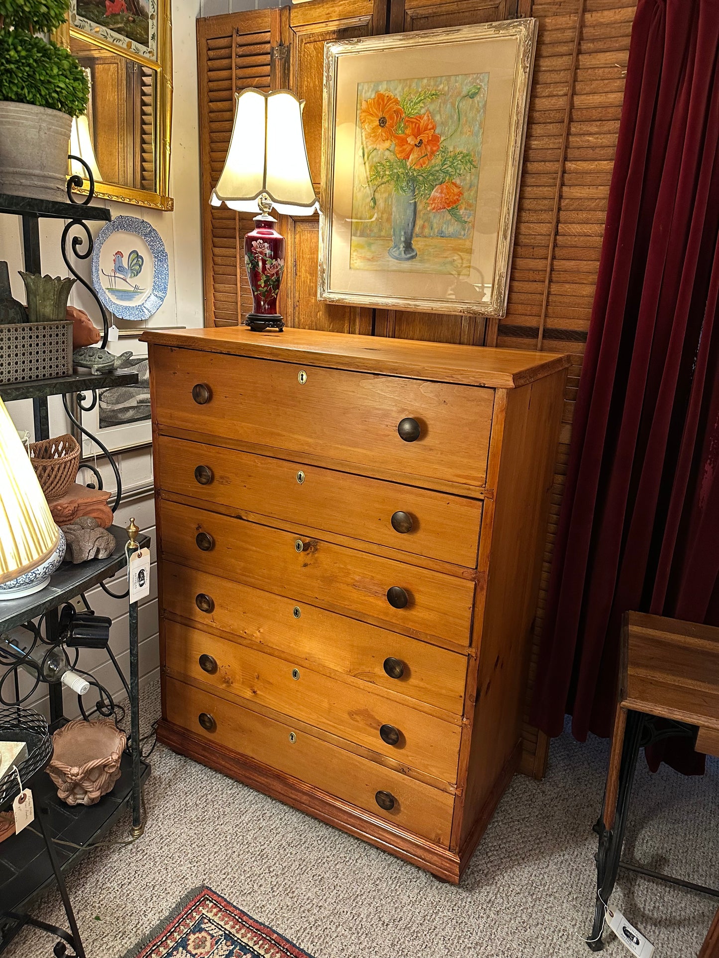 Antique Pine 6 Drawer Tall Chest.