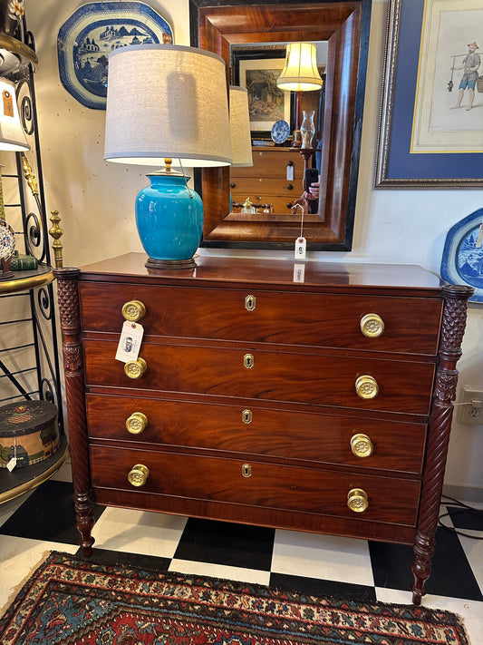 American Federal Chest Constructed of Mahogany with Carved Acanthus Columns and Cookie Corners c./1815.  (Pickup Only)