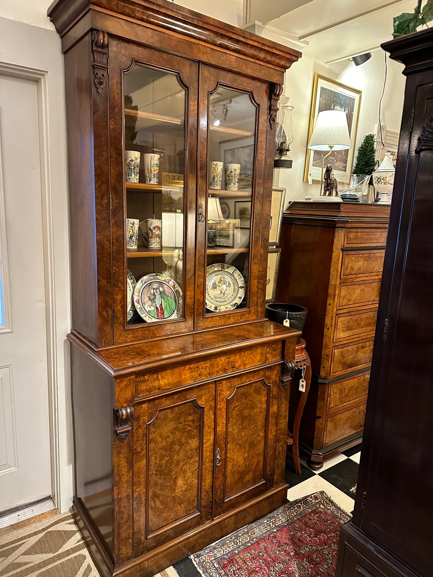 Three Part 19th Century Walnut & Elm Burl Wood Bookcase Cabinet.  It is in Excellent Condition & Measures 89” Tall by 38” Wide by 21 1/4” Deep.