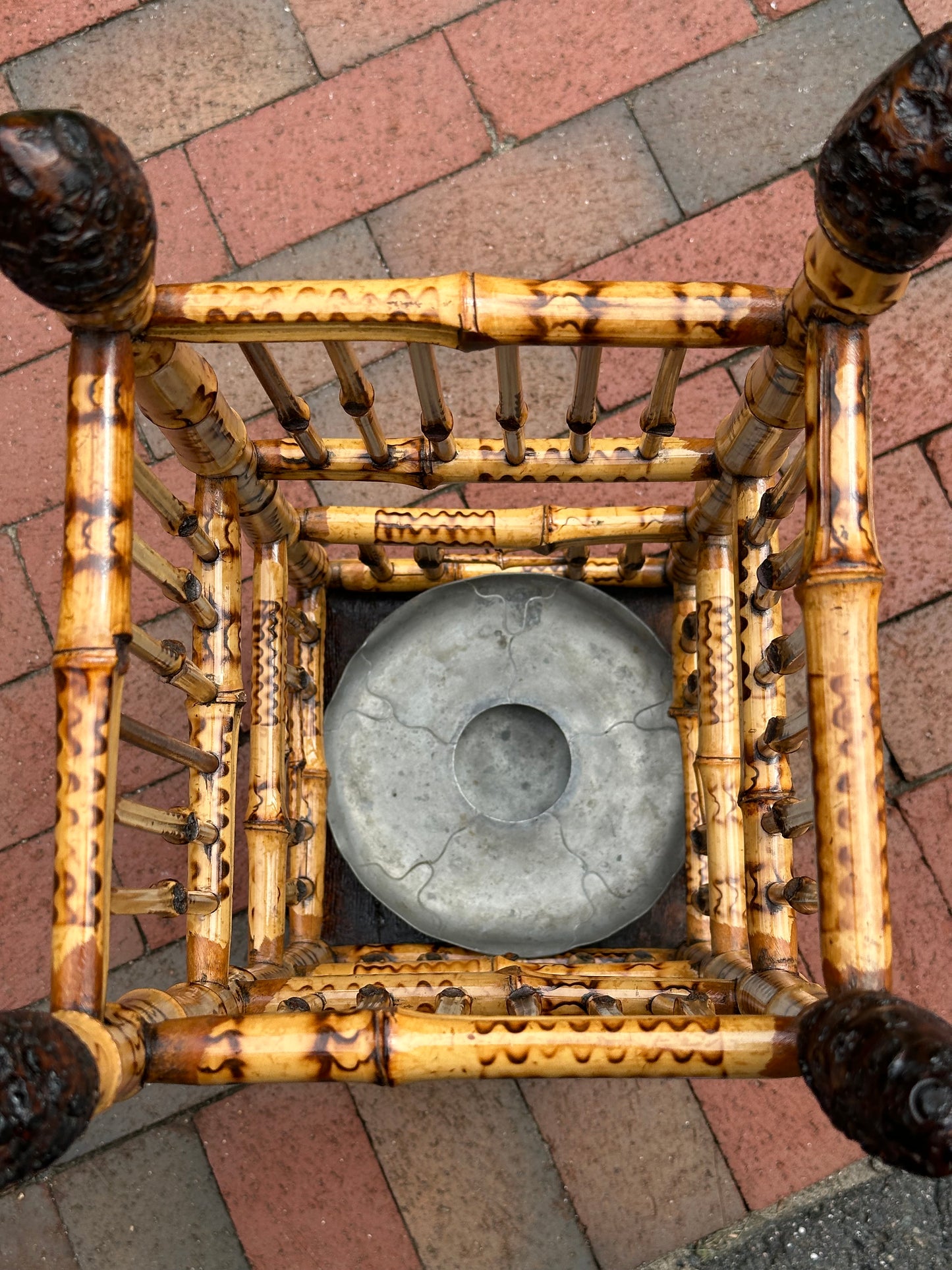 Late 19th Century Bamboo Umbrella stand with insert. Burned decoration on bamboo. Circa 1885.