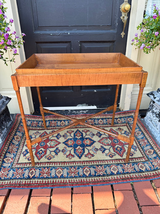 Tiger Maple Tray Top Table With Stretcher Base