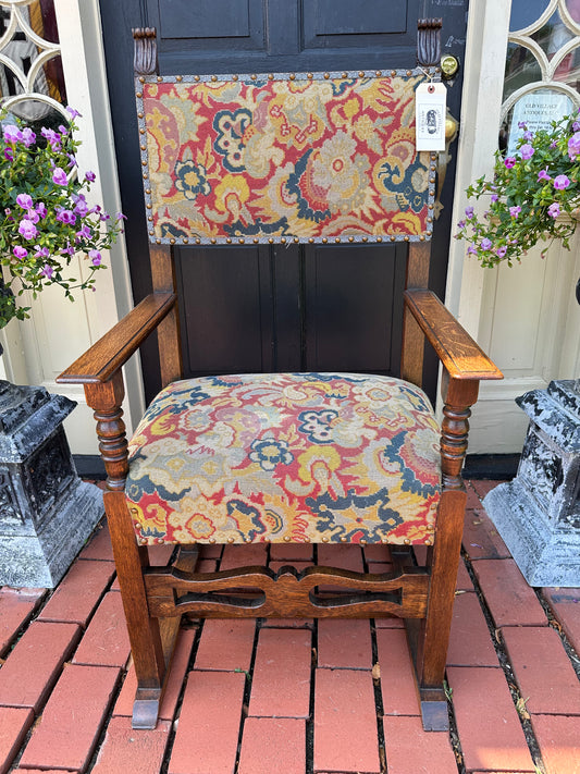 19th Century English Style Oak Arm Chair with Needlepoint Seat +Back