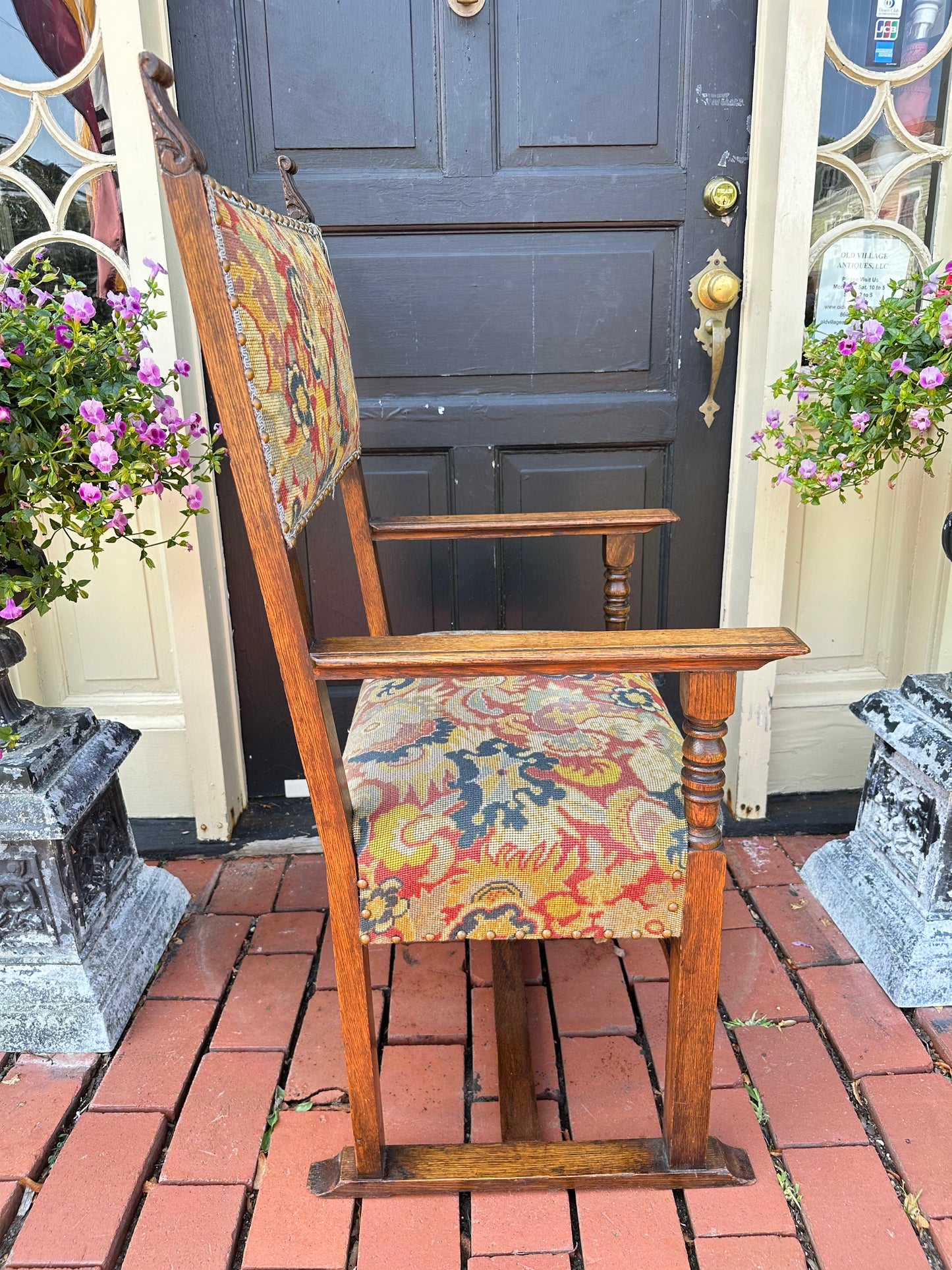 19th Century English Style Oak Arm Chair with Needlepoint Seat +Back