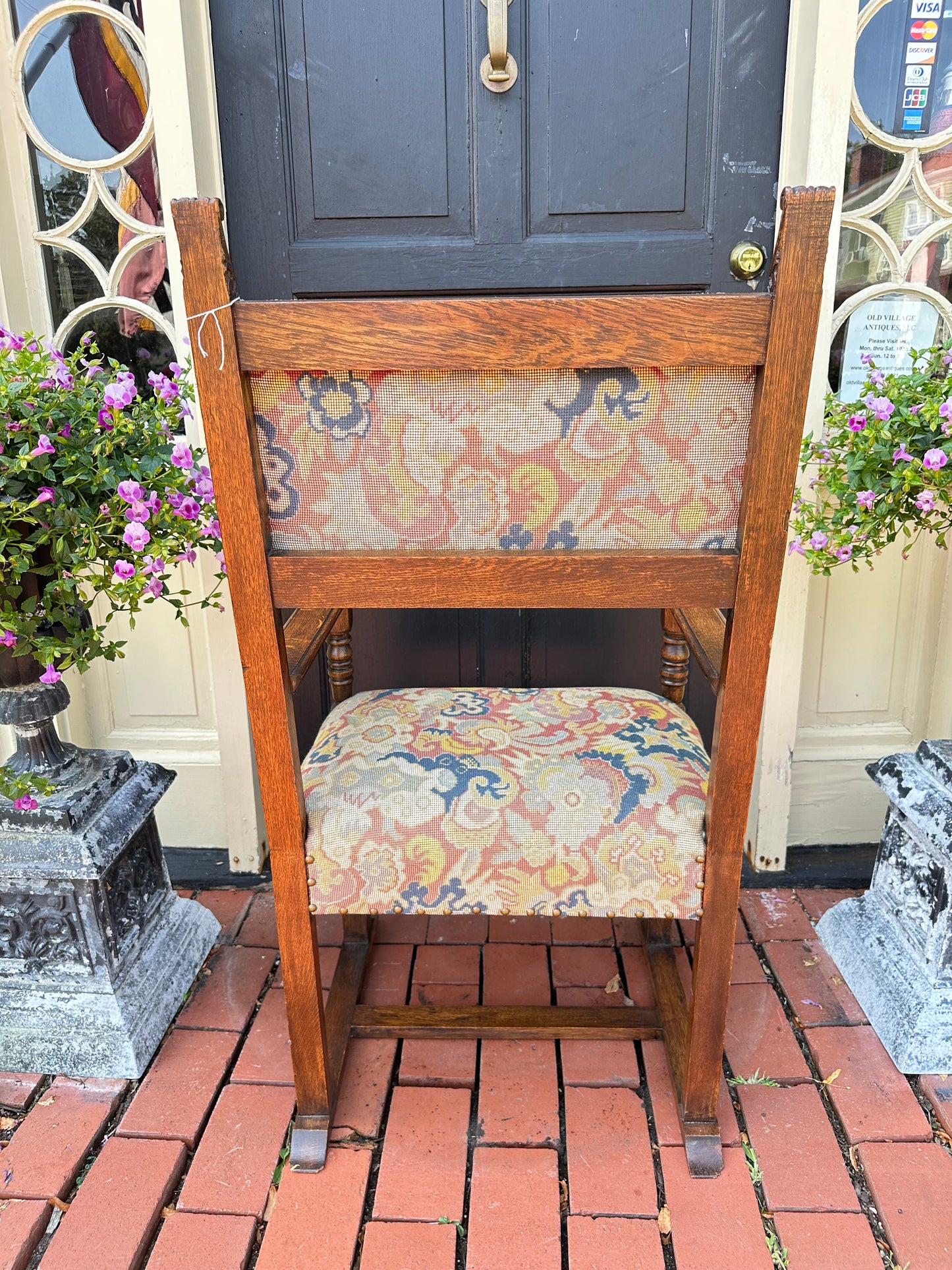 19th Century English Style Oak Arm Chair with Needlepoint Seat +Back