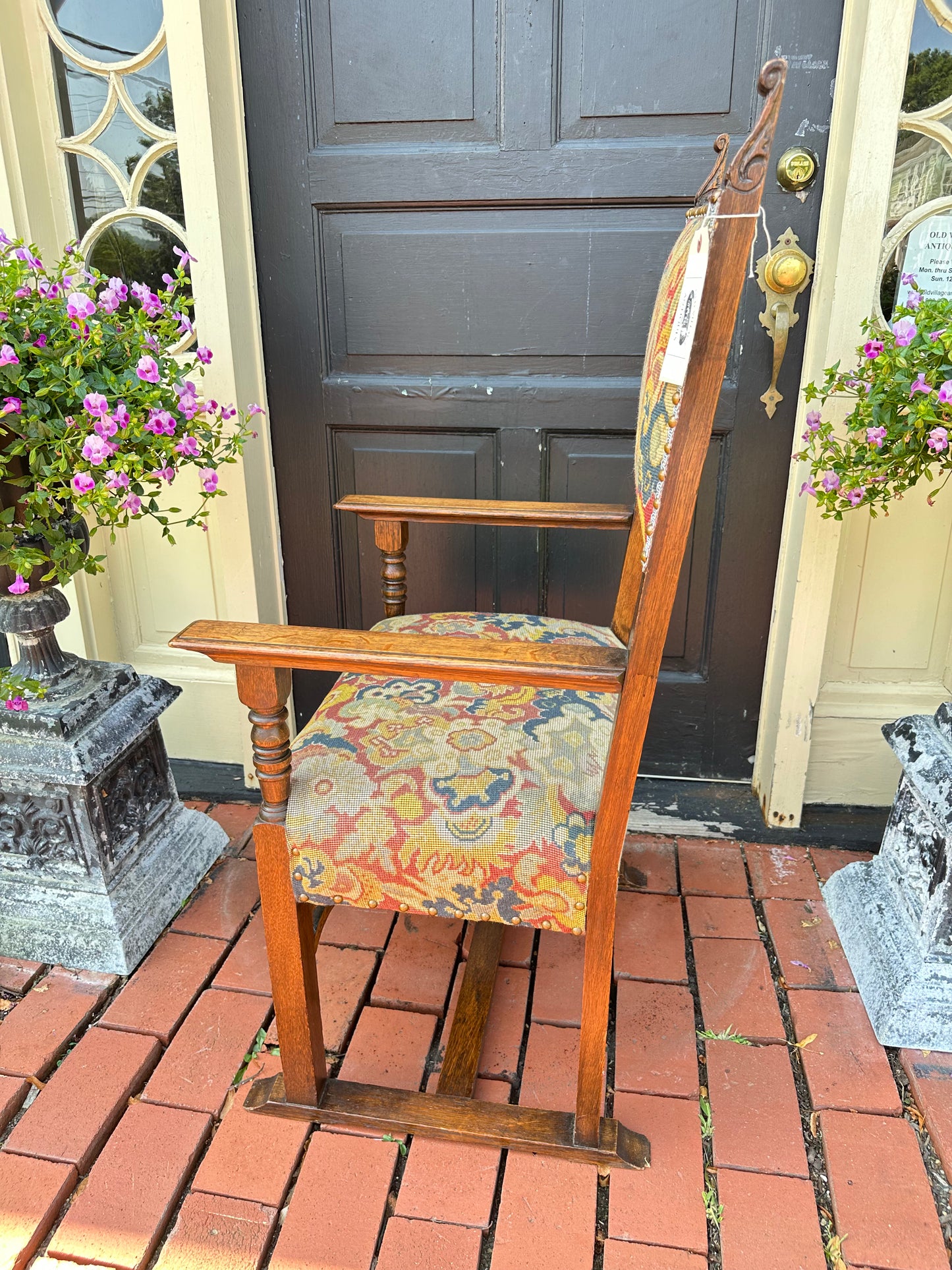 19th Century English Style Oak Arm Chair with Needlepoint Seat +Back