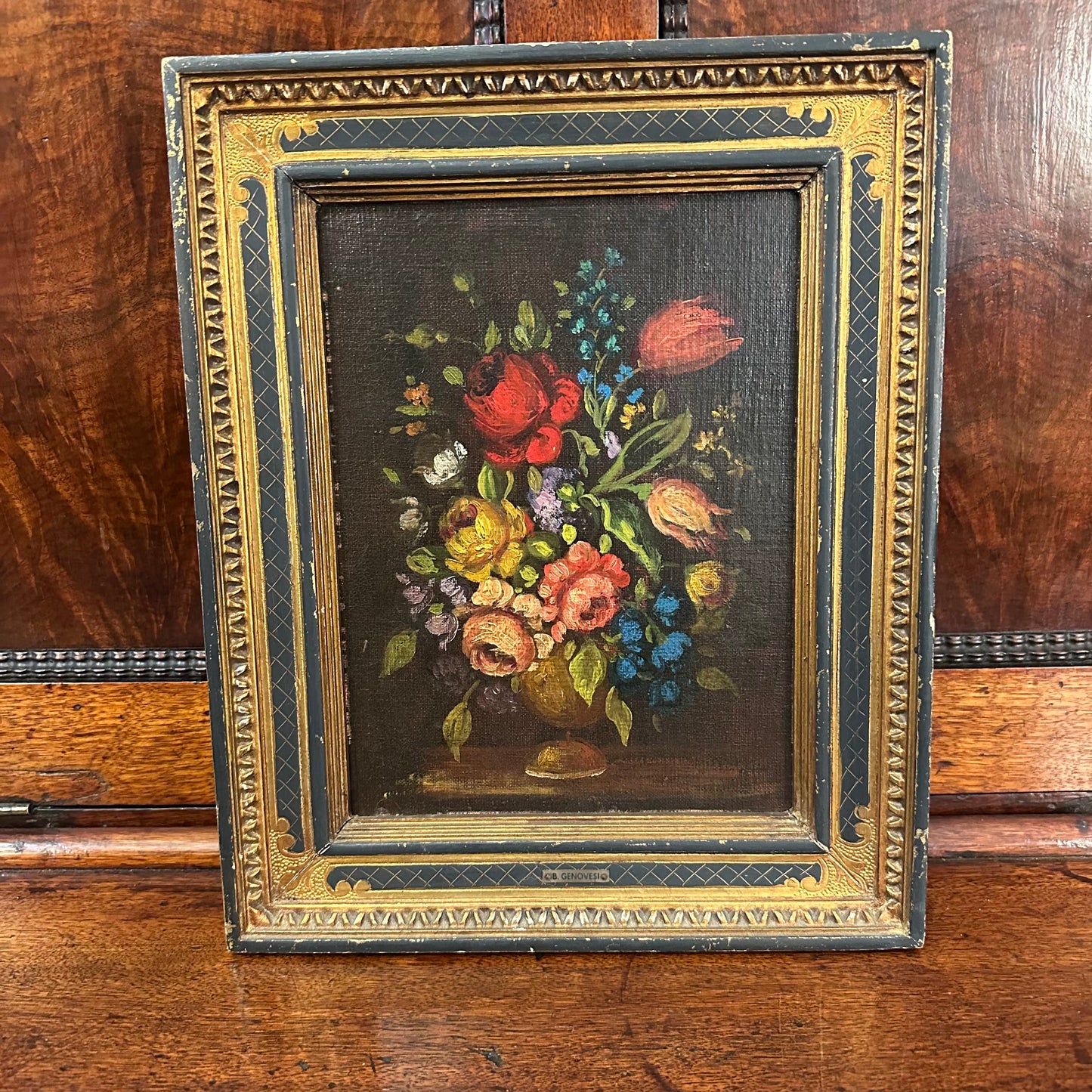 Floral Still Life Antique Italian Oil on Canvas
