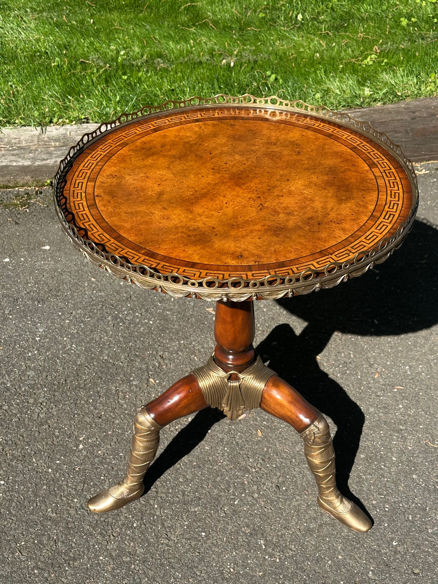 Theodore Alexander Walnut Circular “Isle of Man” Table on Tripod Base.