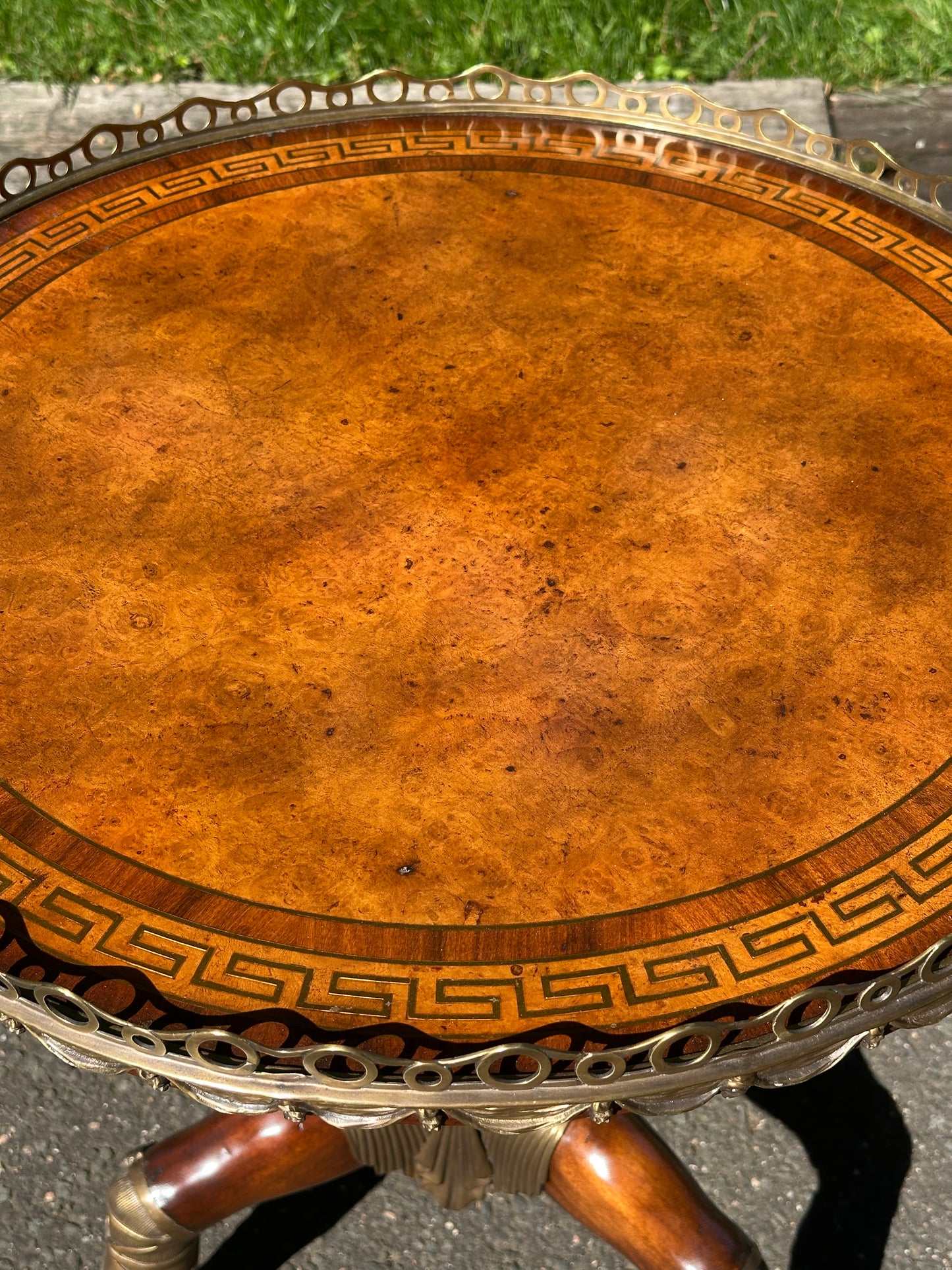 Theodore Alexander Walnut Circular “Isle of Man” Table on Tripod Base.