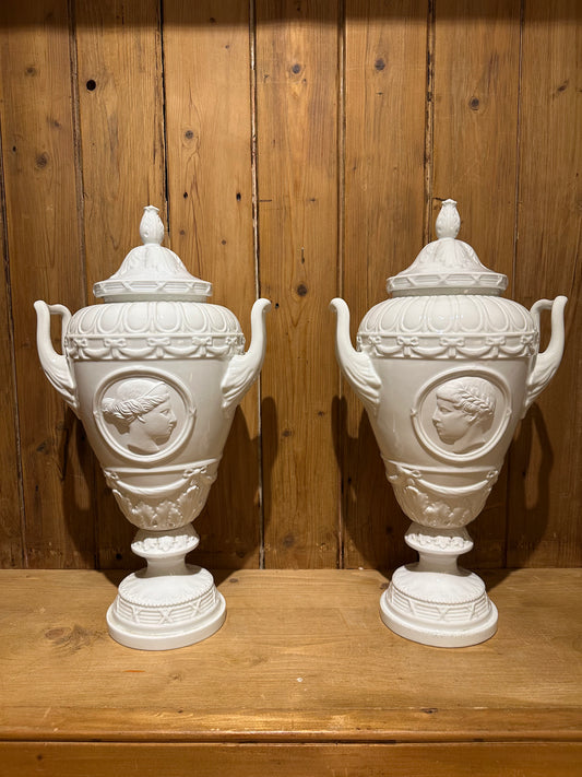 Pair of White Glazed Italian Covered Neo Classical Covered Urns