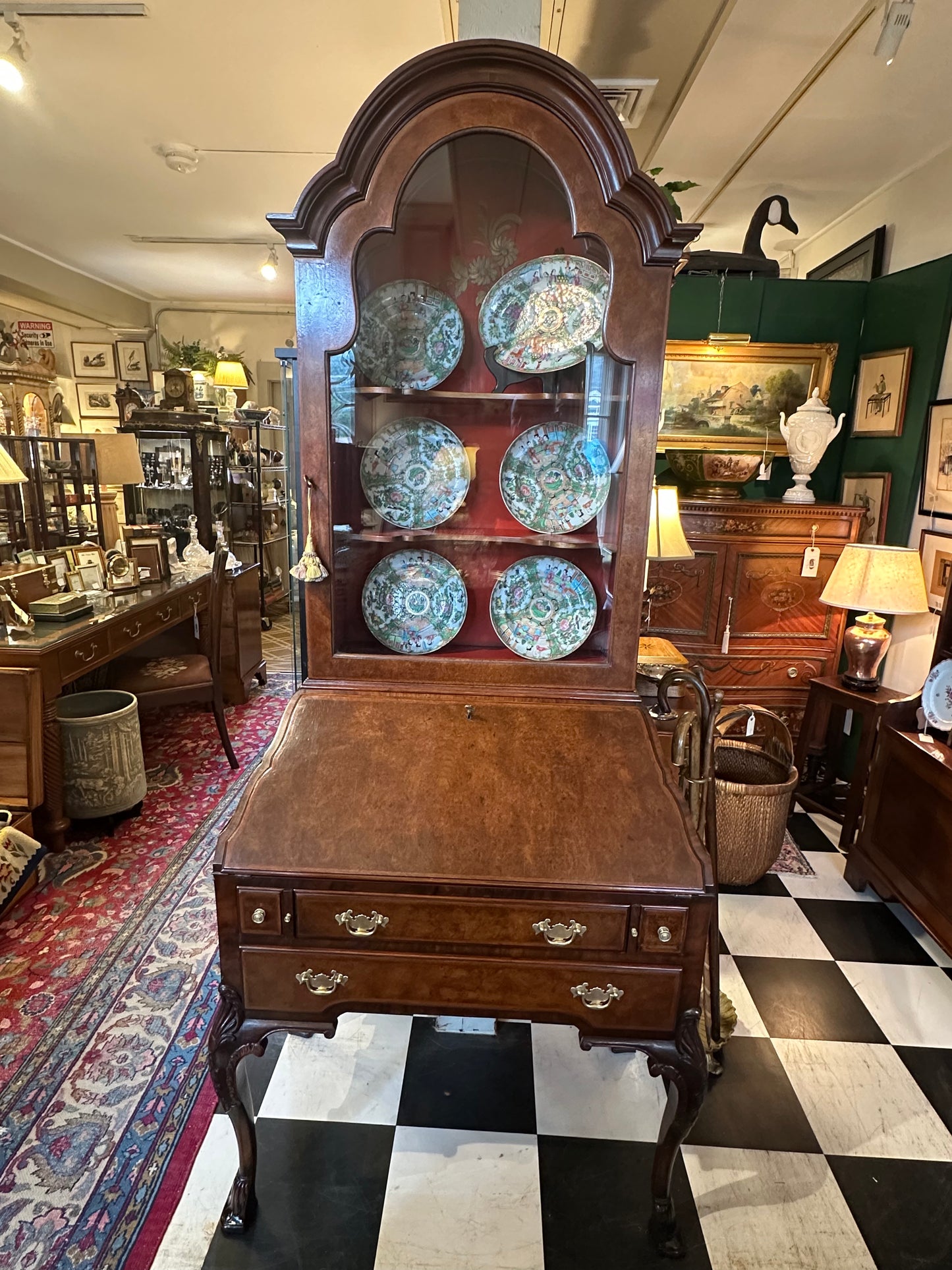 Walnut Burl Wood Secretary Desk with Red Painted Interior