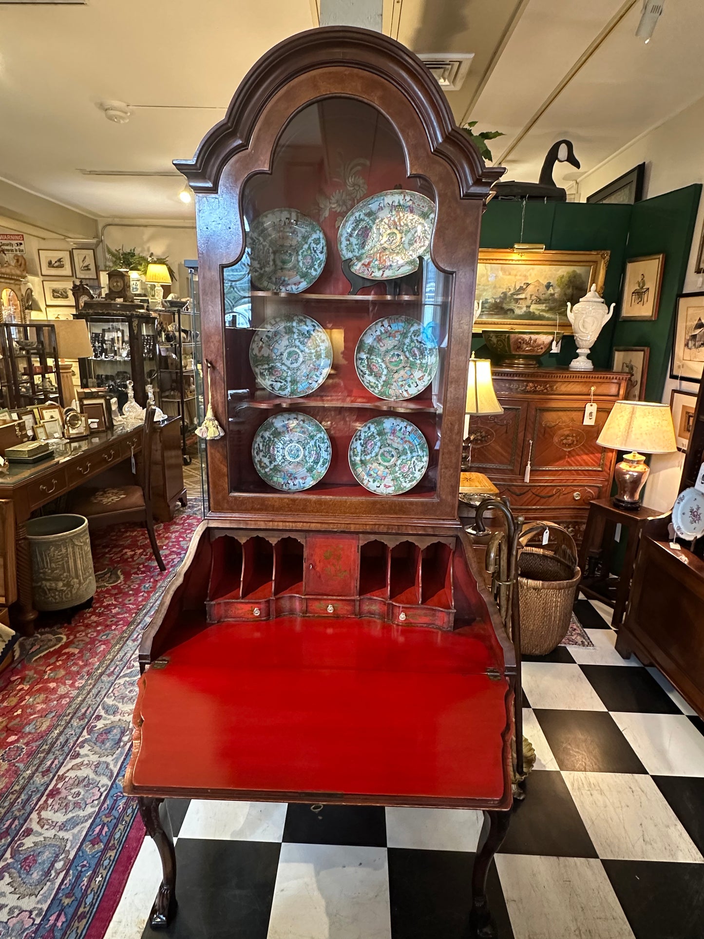 Walnut Burl Wood Secretary Desk with Red Painted Interior