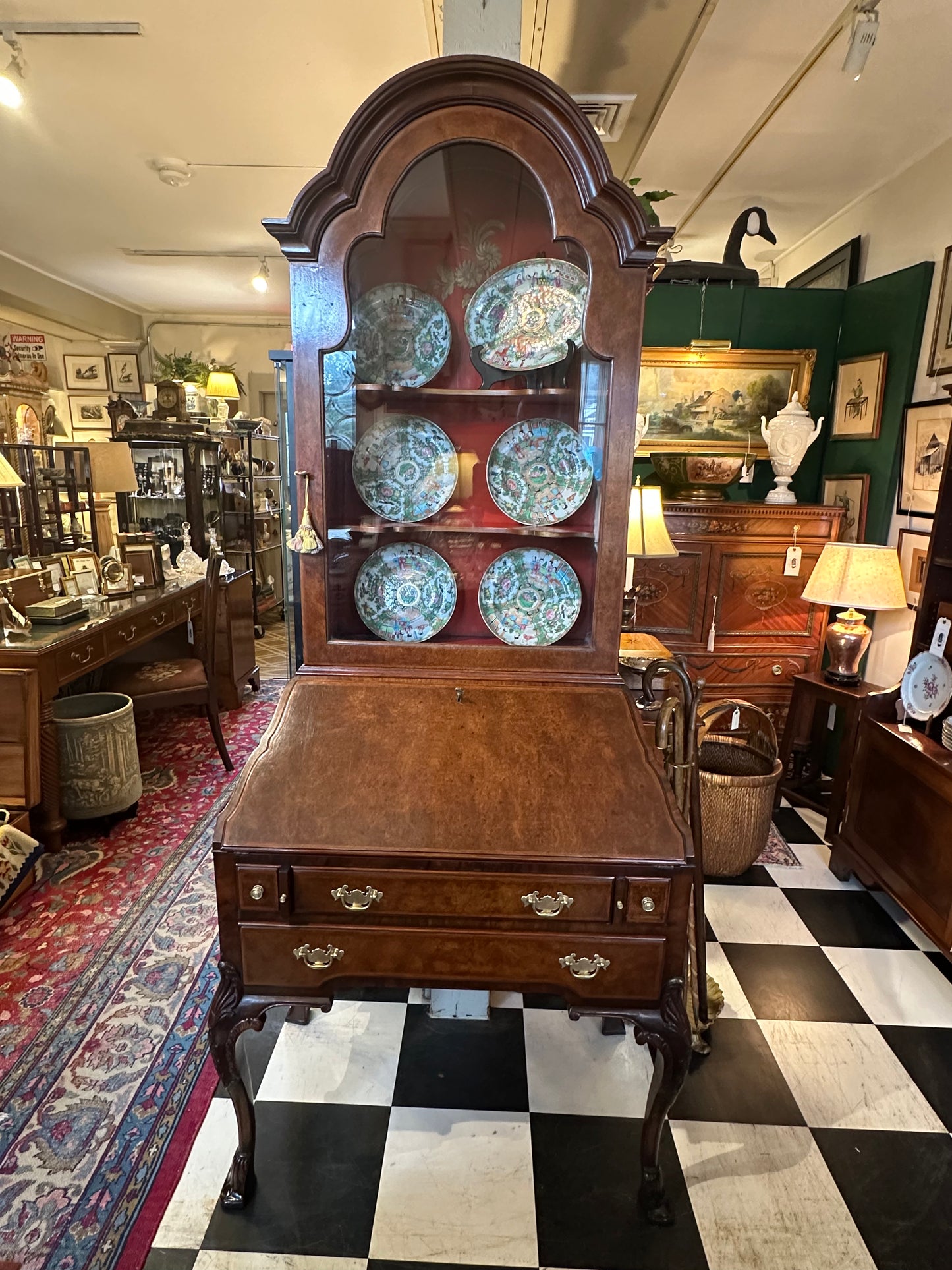 Walnut Burl Wood Secretary Desk with Red Painted Interior