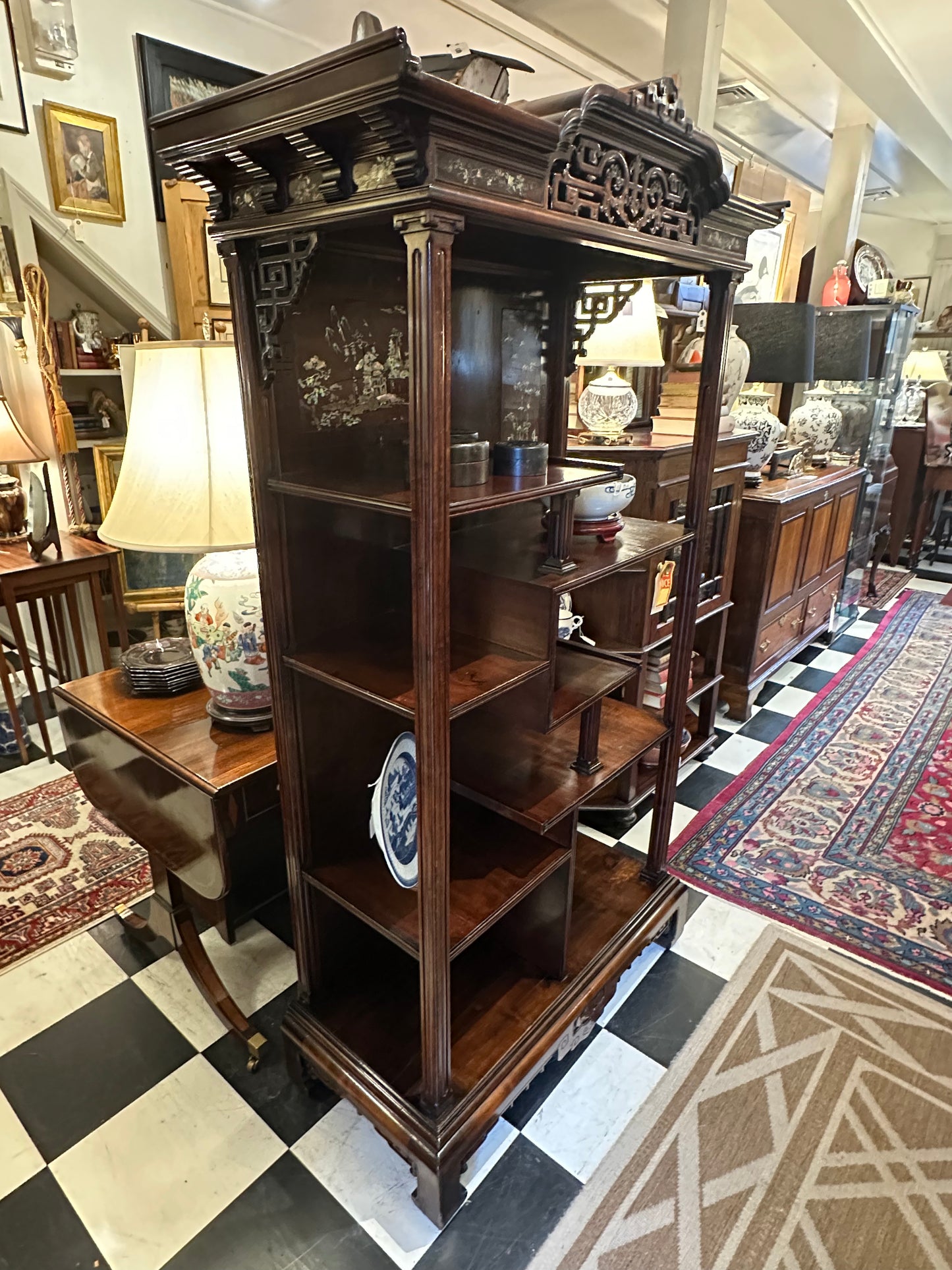 19th C. Chinese Hardwood Etagere with Mother Of Pearl Carved Inlay
