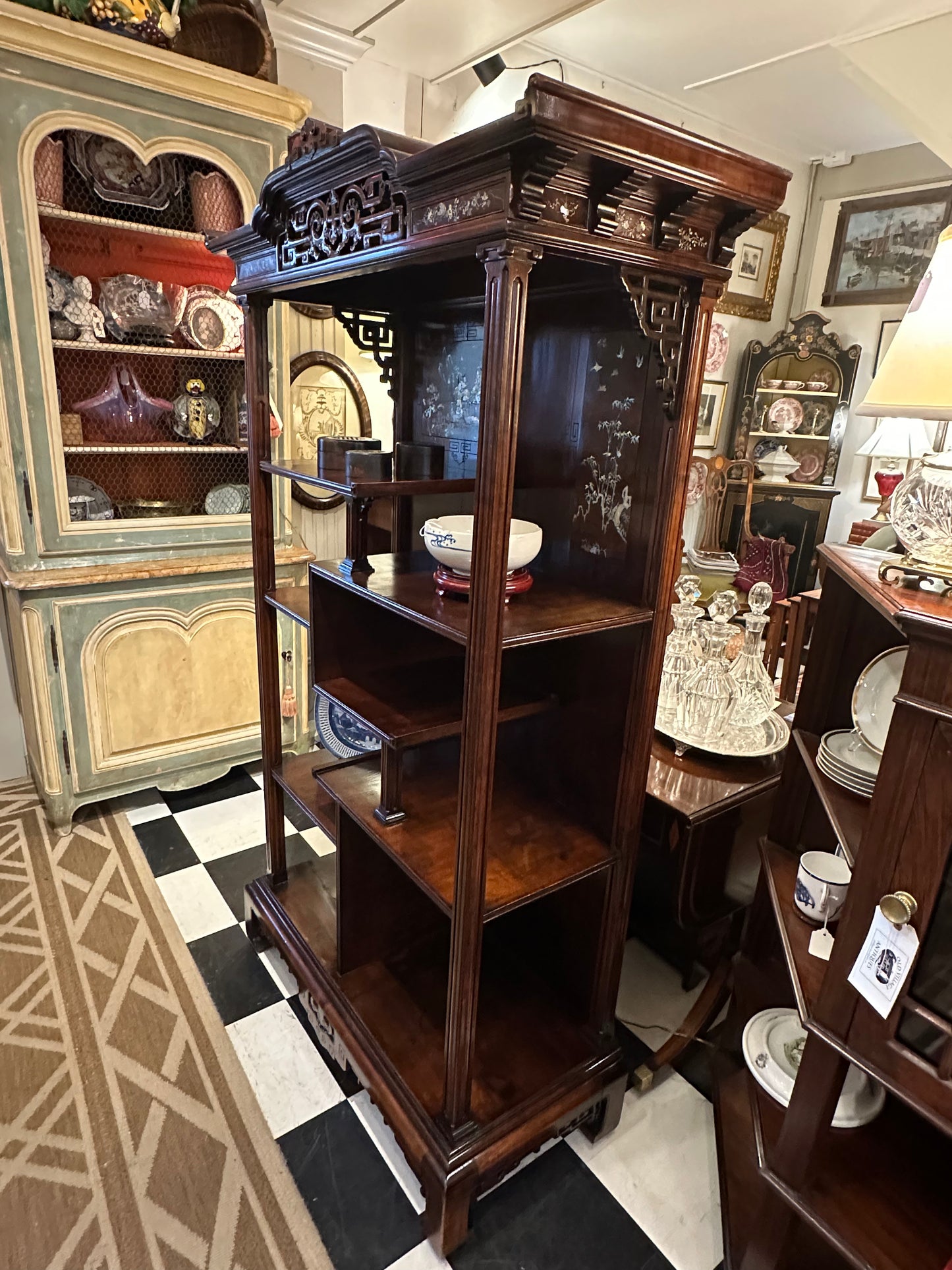 19th C. Chinese Hardwood Etagere with Mother Of Pearl Carved Inlay