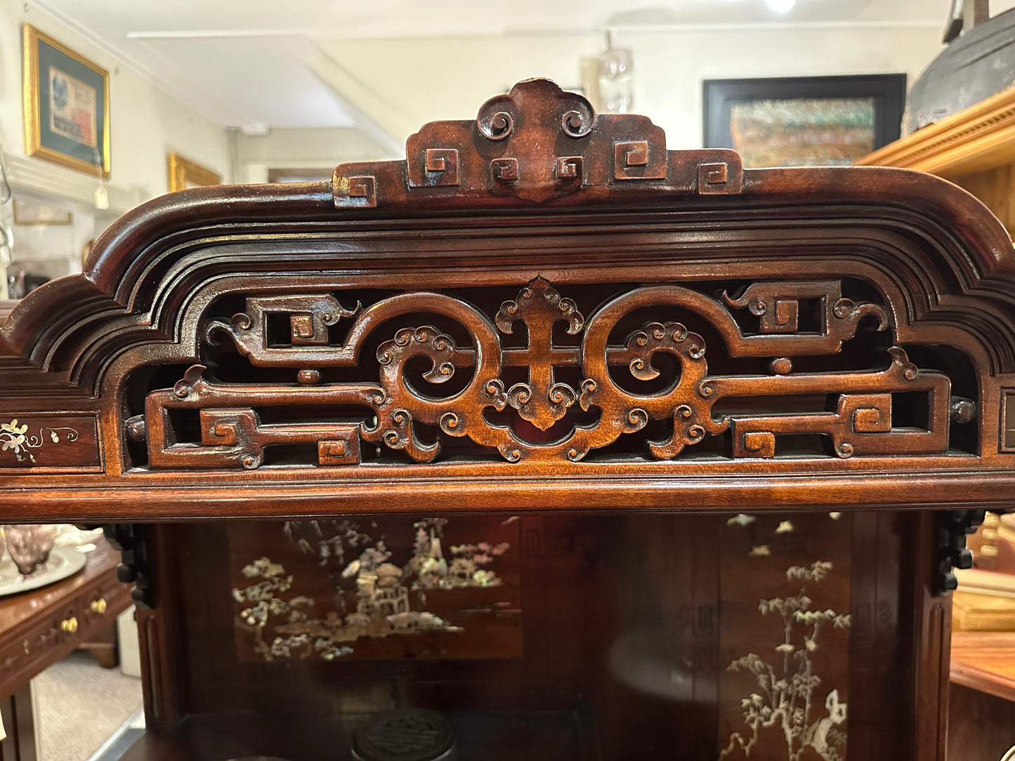 19th C. Chinese Hardwood Etagere with Mother Of Pearl Carved Inlay