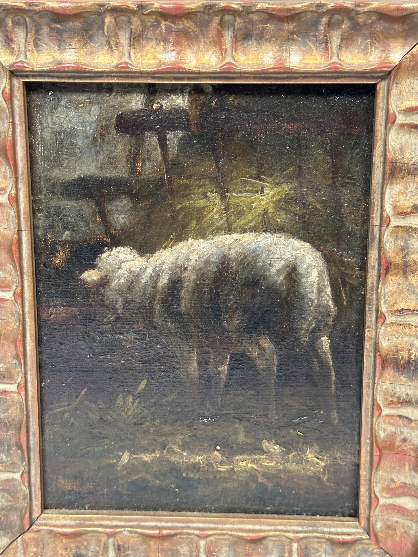 19th C. Oil on Canvas of  Sheep Feeding in Nice Condition.  Later Frame.