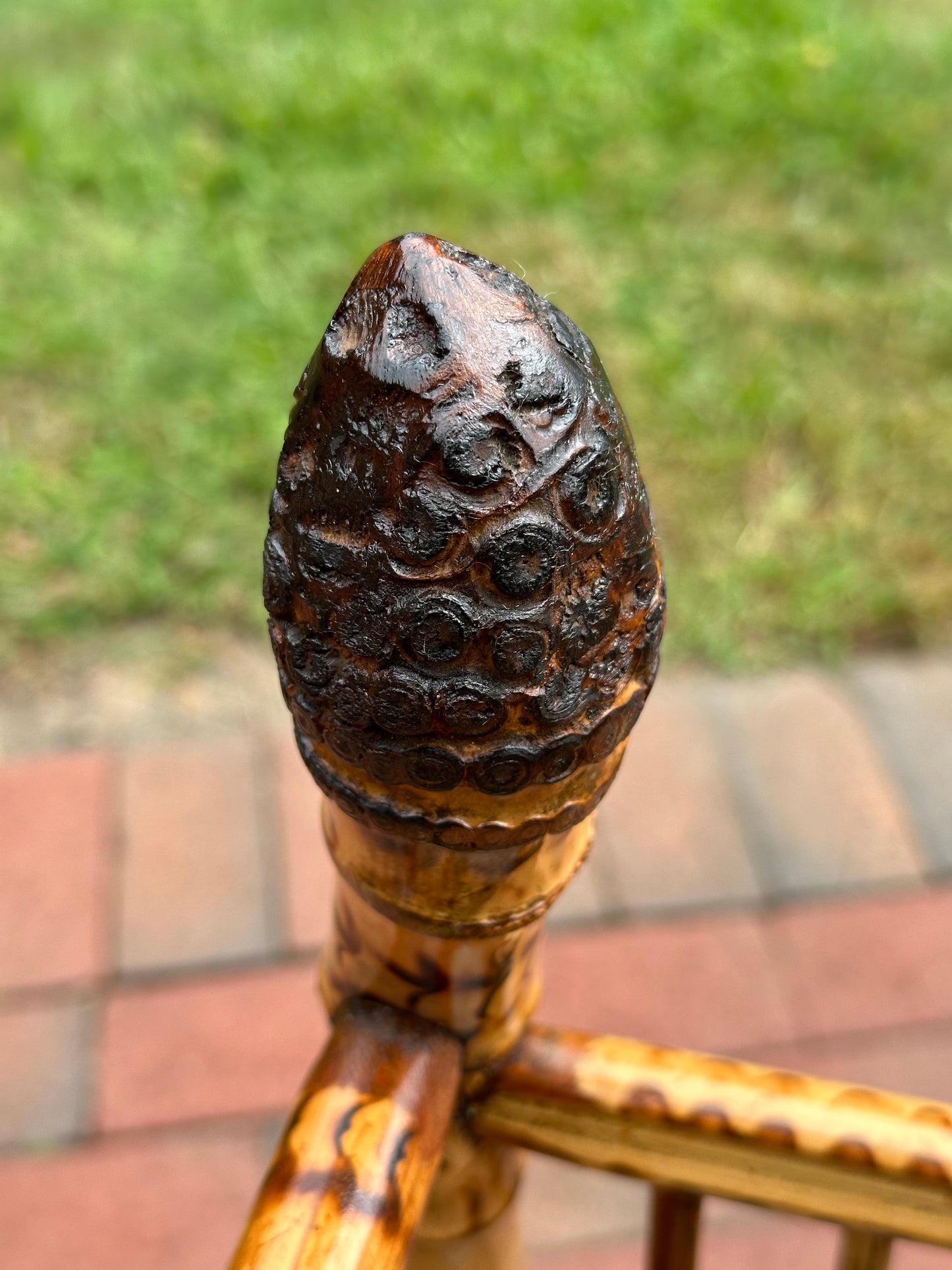 Late 19th Century Bamboo Umbrella stand with insert. Burned decoration on bamboo. Circa 1885.