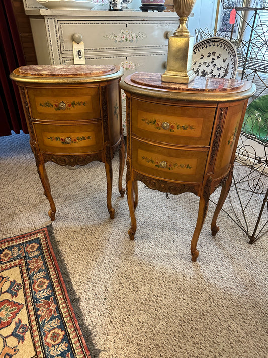 Pair of Antique Painted French Marble Top Inset Stands w/ Two Drawers.  (Local Pickup Only)