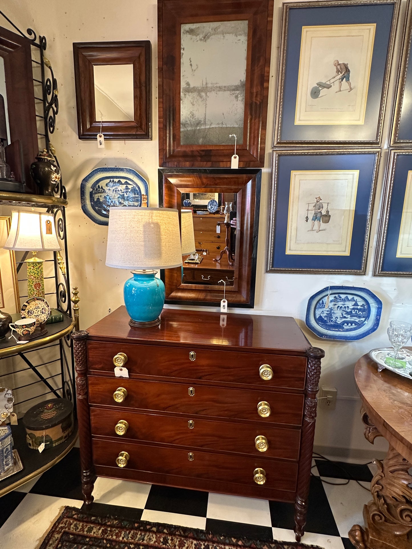 American Federal Chest Constructed of Mahogany with Carved Acanthus Columns and Cookie Corners c./1815.  (Pickup Only)