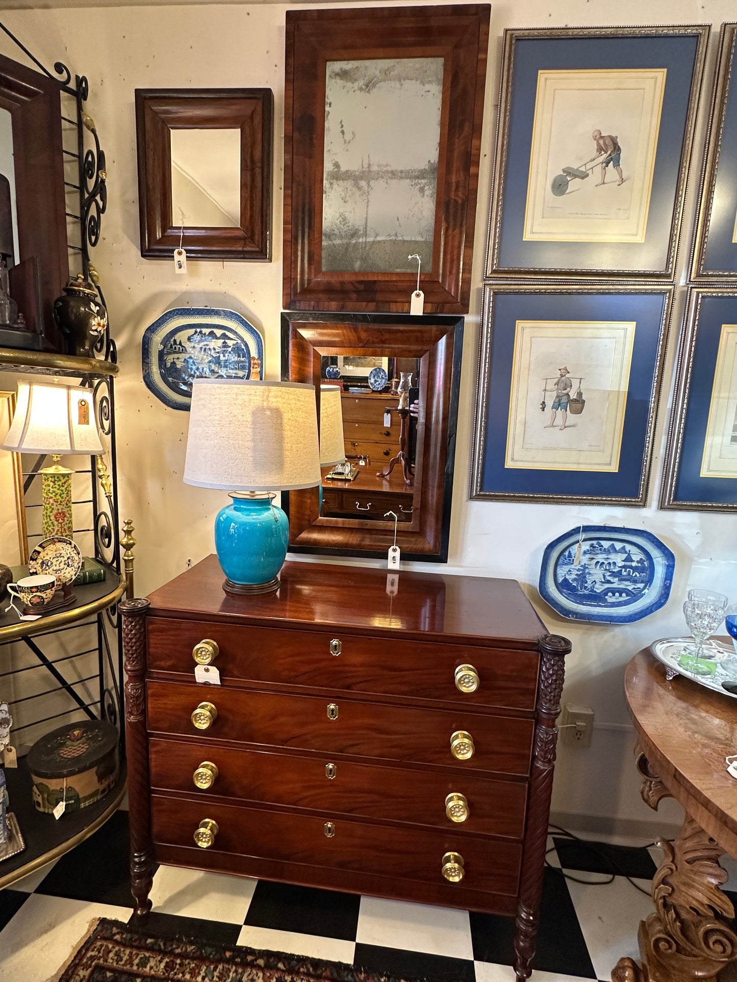 American Federal Chest Constructed of Mahogany with Carved Acanthus Columns and Cookie Corners c./1815.  (Pickup Only)
