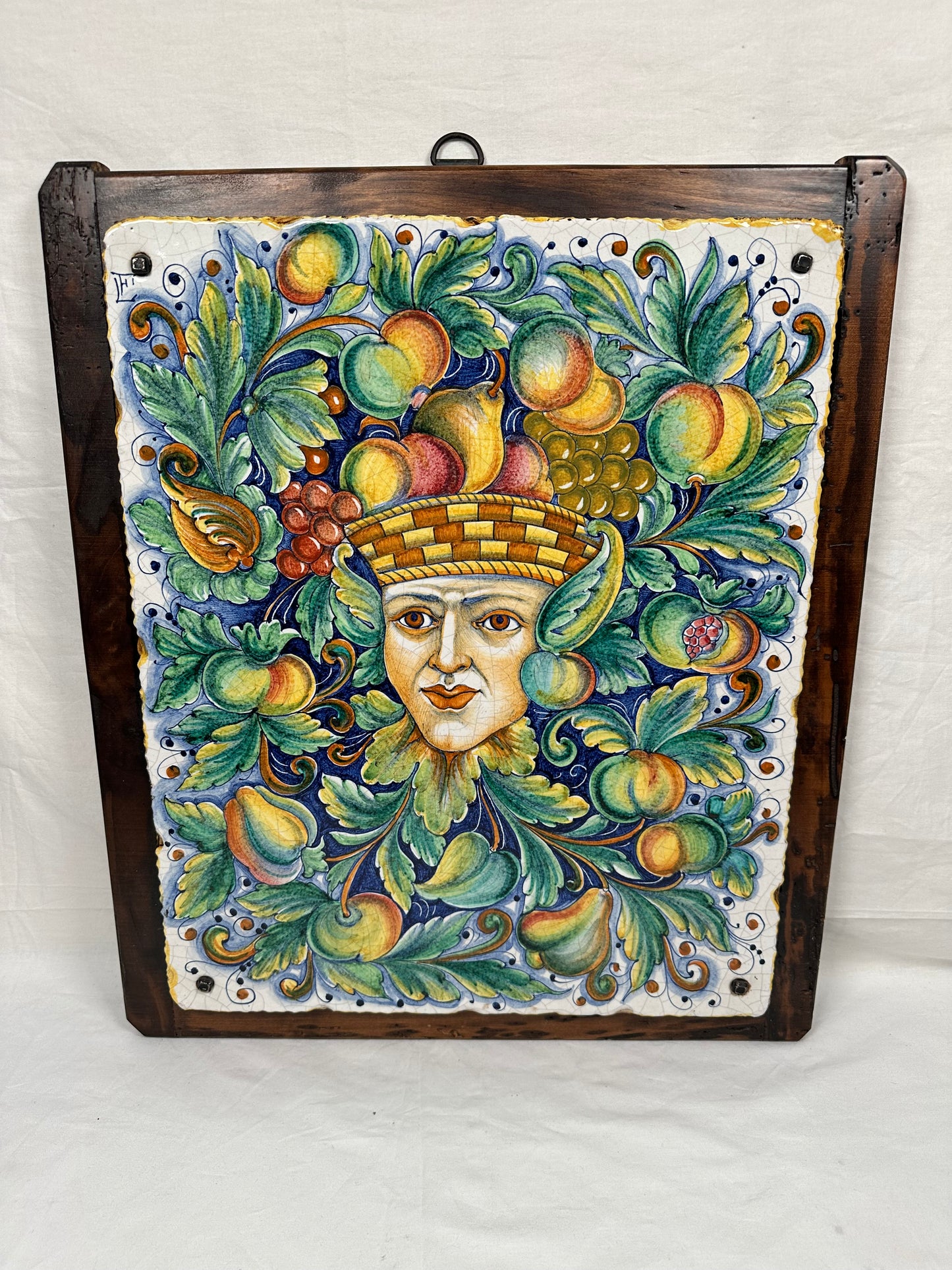 Large Vintage Italian Porcelain & Wood Wall Hanging Plaque. (Local Pickup Only)