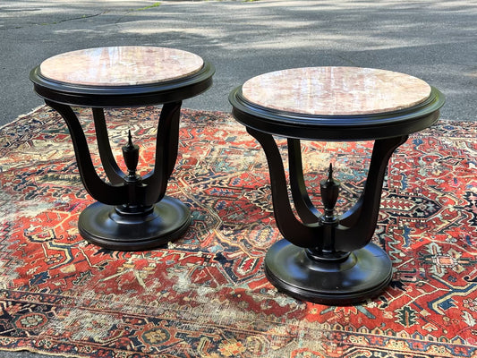 Pair of Round Art Deco Tables with Marble Inset Tops (Local Pickup Only)