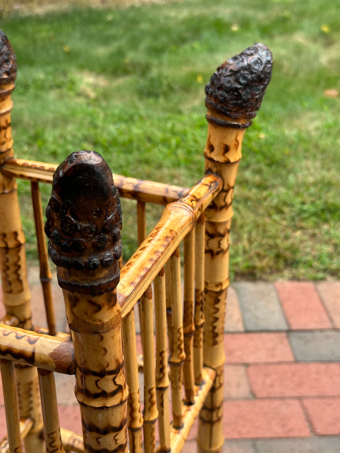 Late 19th Century Bamboo Umbrella stand with insert. Burned decoration on bamboo. Circa 1885.