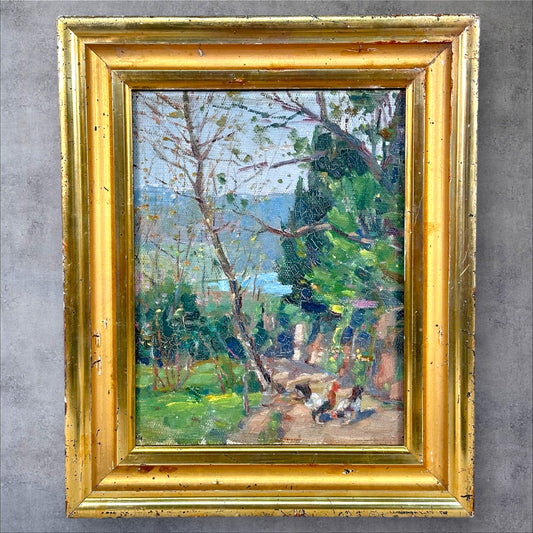 Early 20th Century Oil Painting On Canvas of Chickens on. Wooded Path.  Nice Bright Colors and Very Cheerful.  Measures 14 1/4” Tall by 11 3/4” Wide.  It is Unsigned.