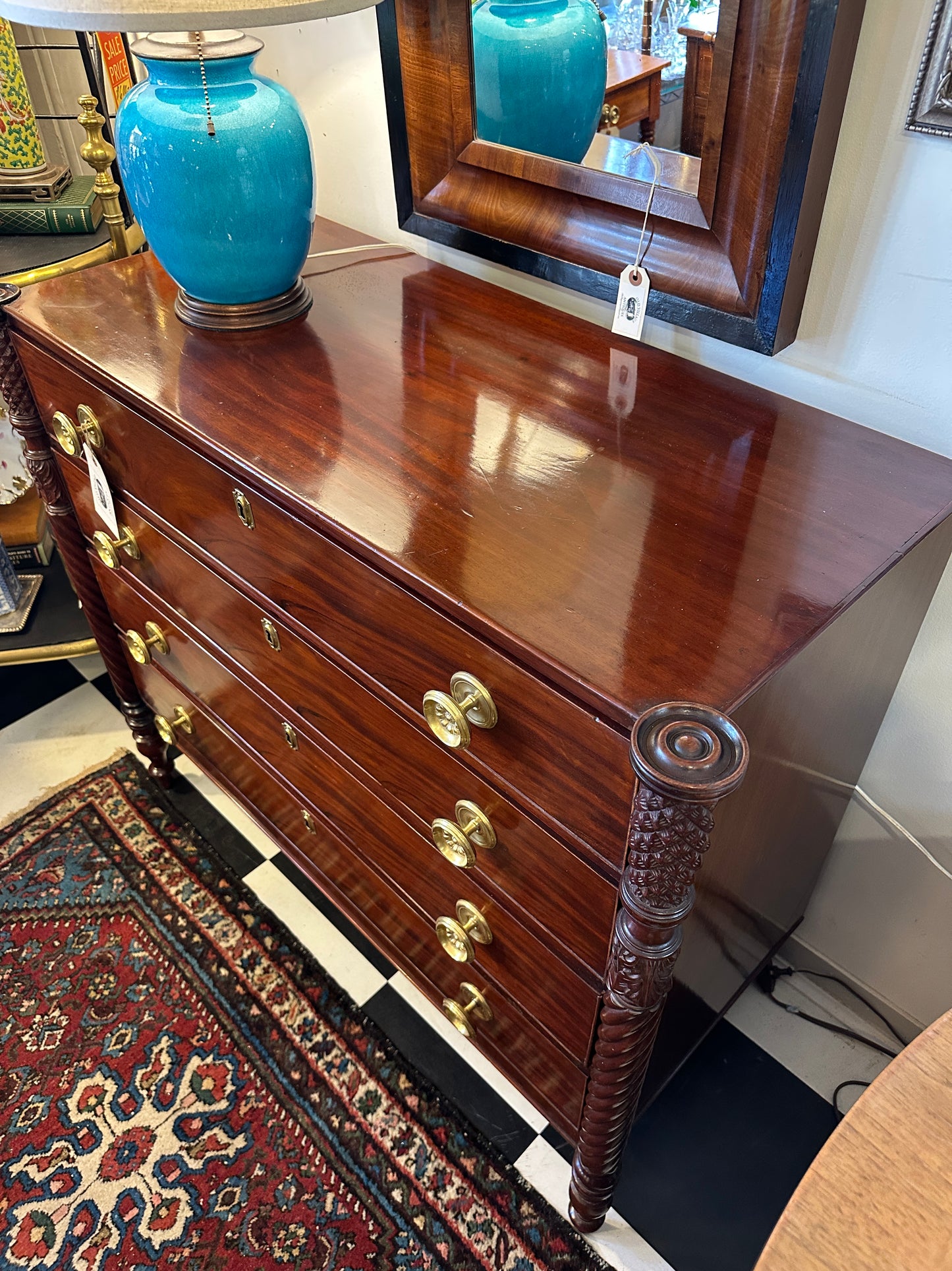 American Federal Chest Constructed of Mahogany with Carved Acanthus Columns and Cookie Corners c./1815.  (Pickup Only)