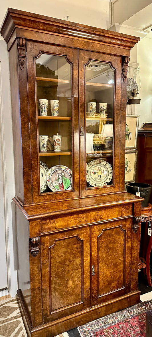 Three Part 19th Century Walnut & Elm Burl Wood Bookcase Cabinet.  It is in Excellent Condition & Measures 89” Tall by 38” Wide by 21 1/4” Deep.