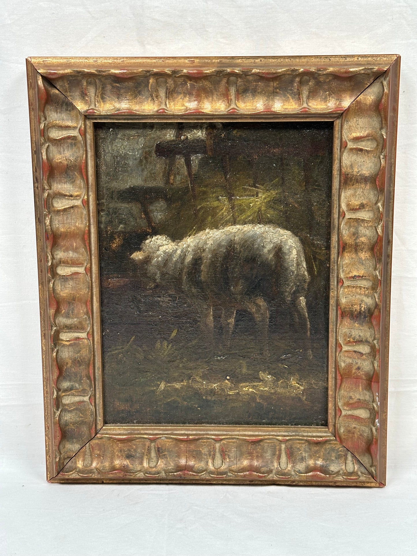 19th C. Oil on Canvas of  Sheep Feeding in Nice Condition.  Later Frame.