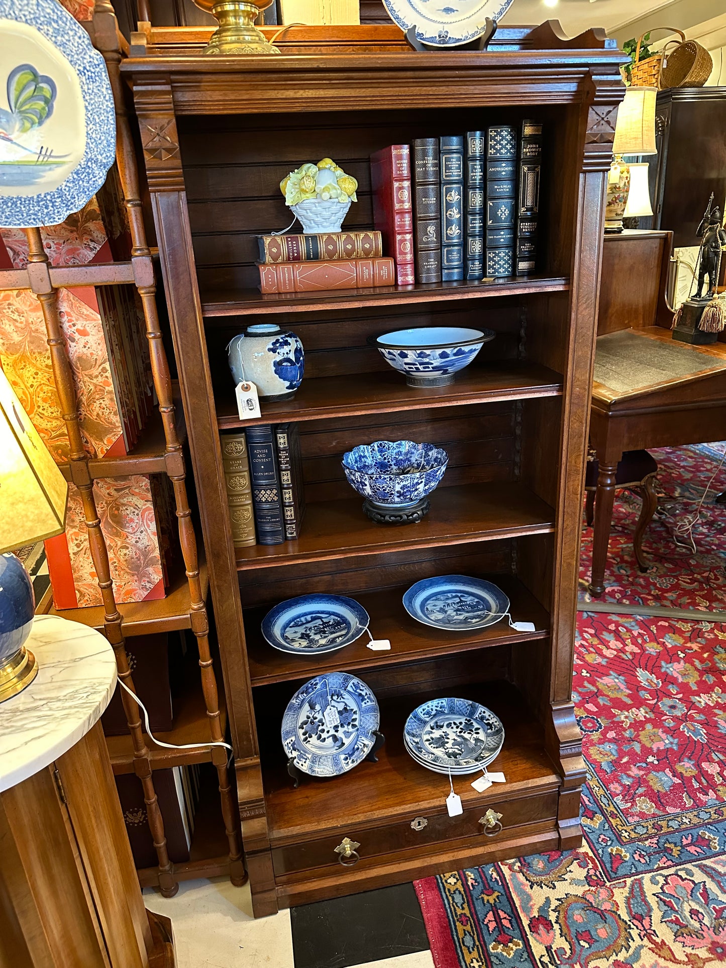 Antique Walnut Bookcase with 4 Adjustable Shelves & Drawers in Base.  (Local Pickup Only)