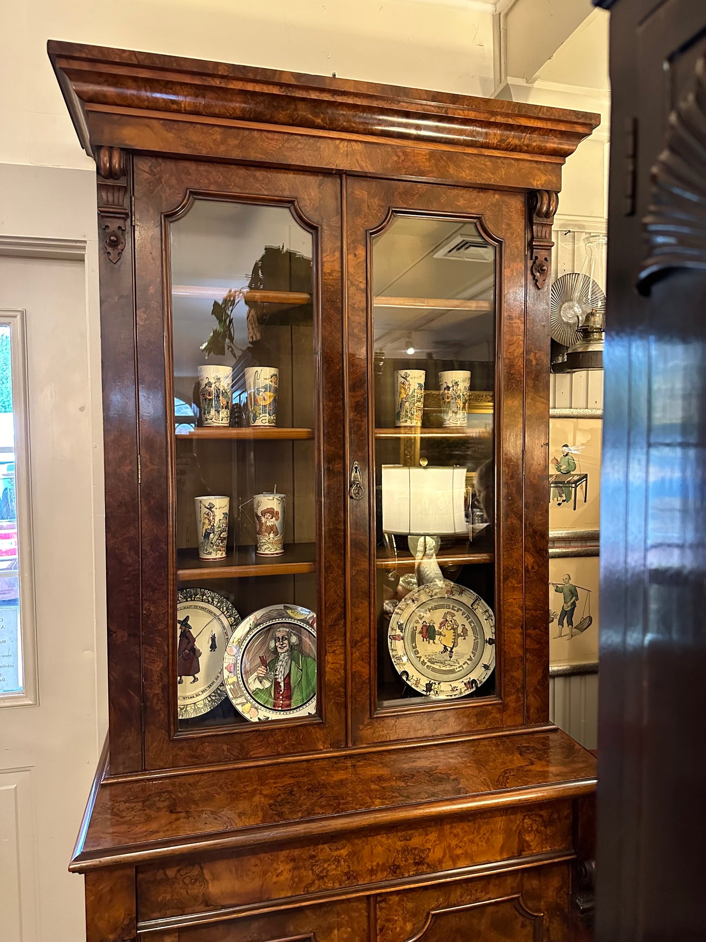 Three Part 19th Century Walnut & Elm Burl Wood Bookcase Cabinet.  It is in Excellent Condition & Measures 89” Tall by 38” Wide by 21 1/4” Deep.