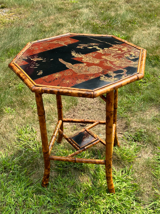 Antique Bamboo & Lacquer Octagon Shape Top Stand with Gold Painted Decoration c./1880 (Local Pickup Only)