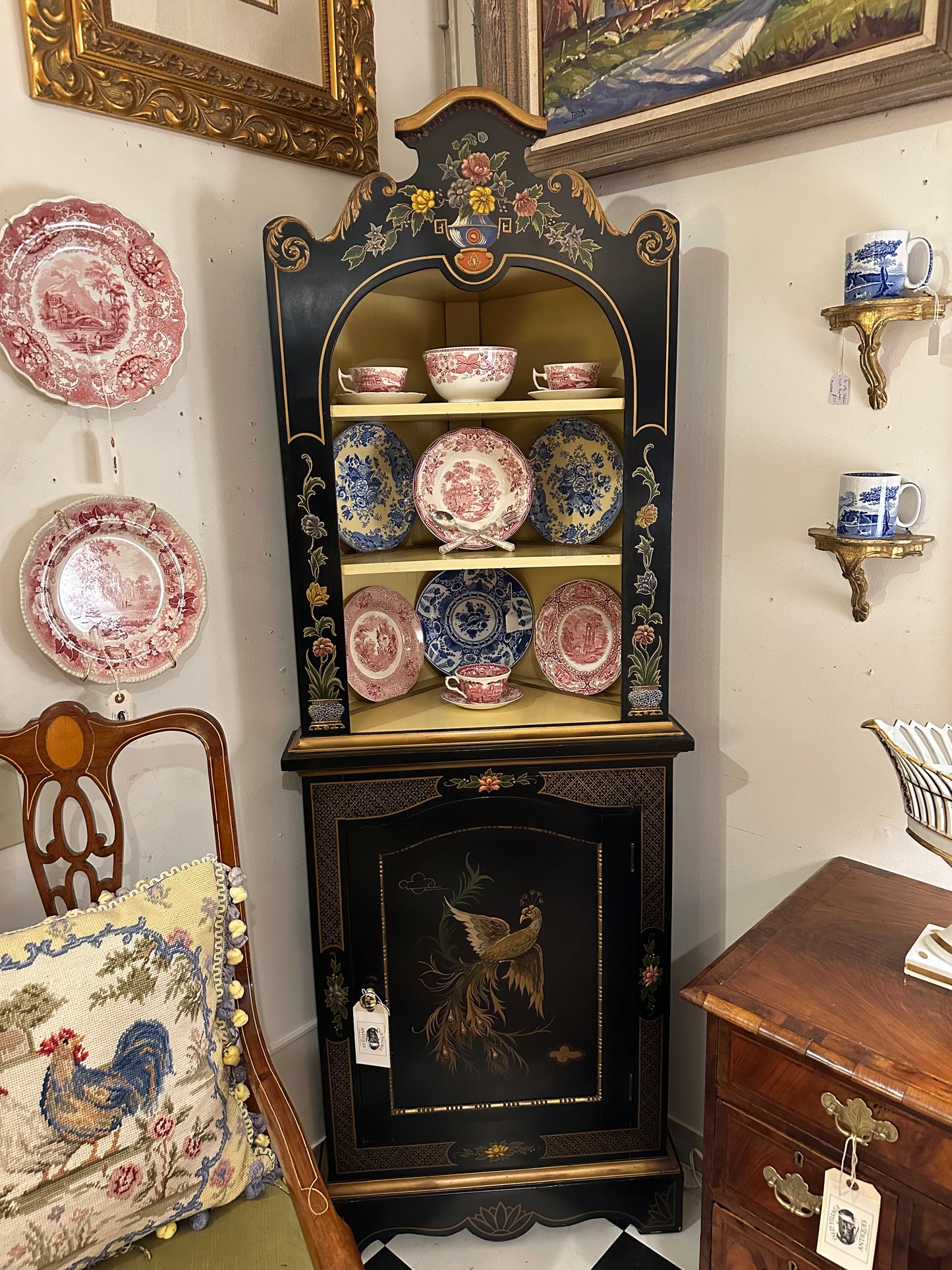 Custom Made Hand Jeweled/Painted Chinoiserie Corner Cabinet